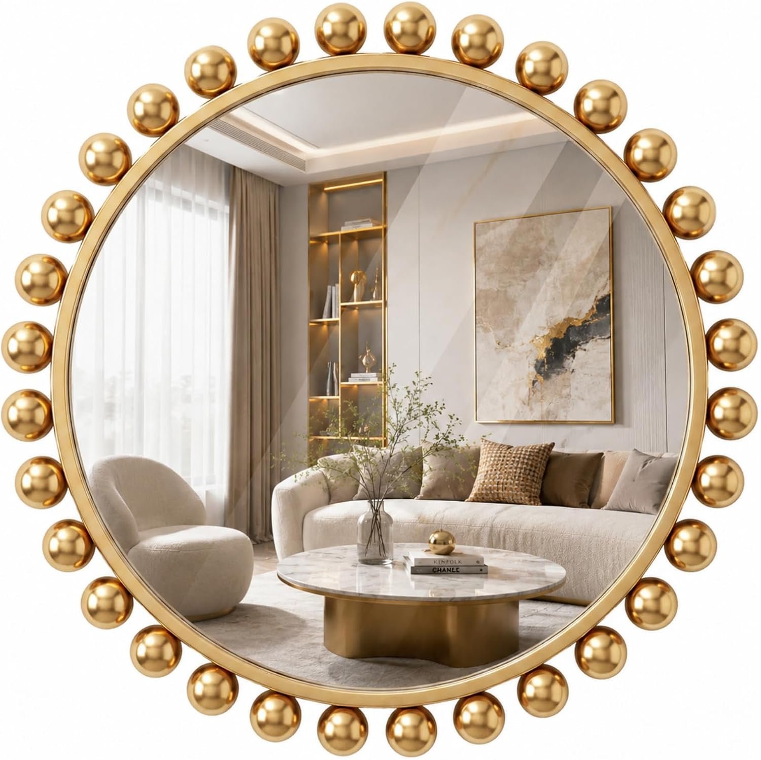 Leinuosen 24 Inch Antique Gold Round Mirror Vintage Wall Decor Circle Mirror with Gold Ball Metal Frame for Living Room, Bathroom, Entryway, Hallway Decor