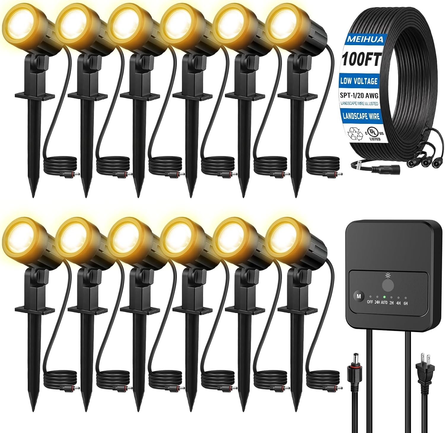 MEIHUA All-in-One Low Voltage Landscape Lighting Kit, Dusk to Dawn, 12-Pack