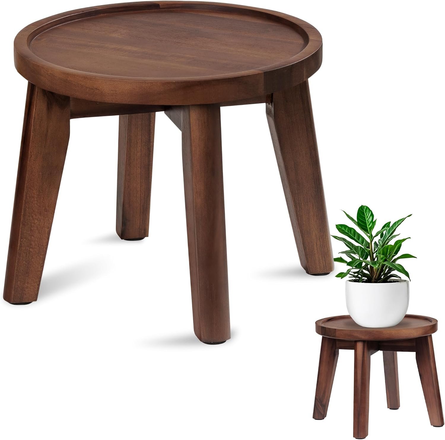 Demigo Indoor Plant Stand, 8 in Tall Acacia Wood Plant Shelf, Dark Brown