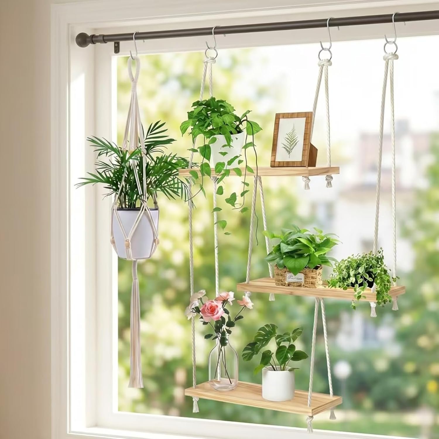 3-Tier Boho Window Plant Shelves with 35 Inch Macrame Plant Hanger