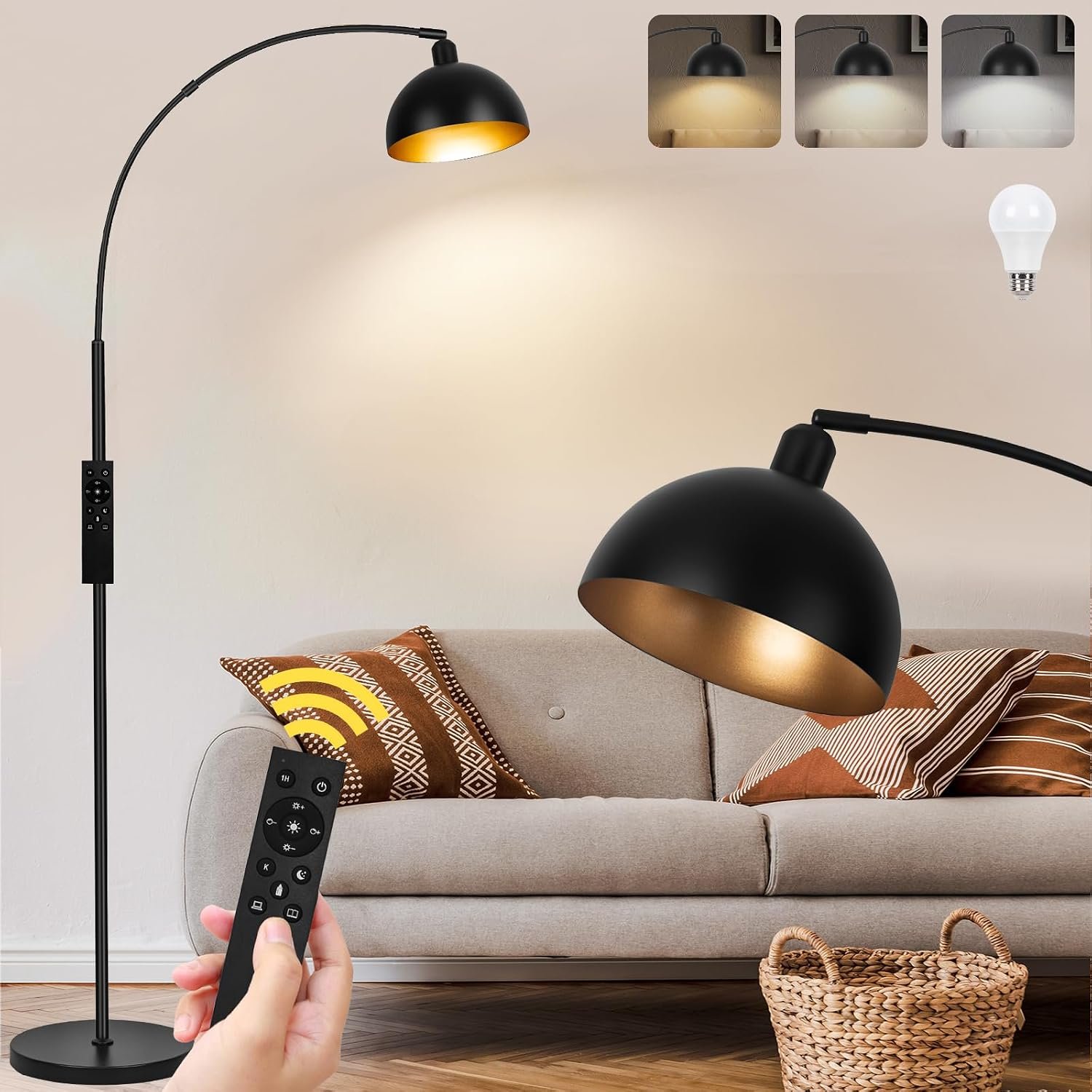 【Upgraded】Black Arc Floor Lamps for Living Room – Dimmable Arched Floor Lamp with Remote Control & 2700-6000K 9W LED Bulb Included, Modern Arch Standing lamp, Industrial Tall Lamp for Bedroom Reading