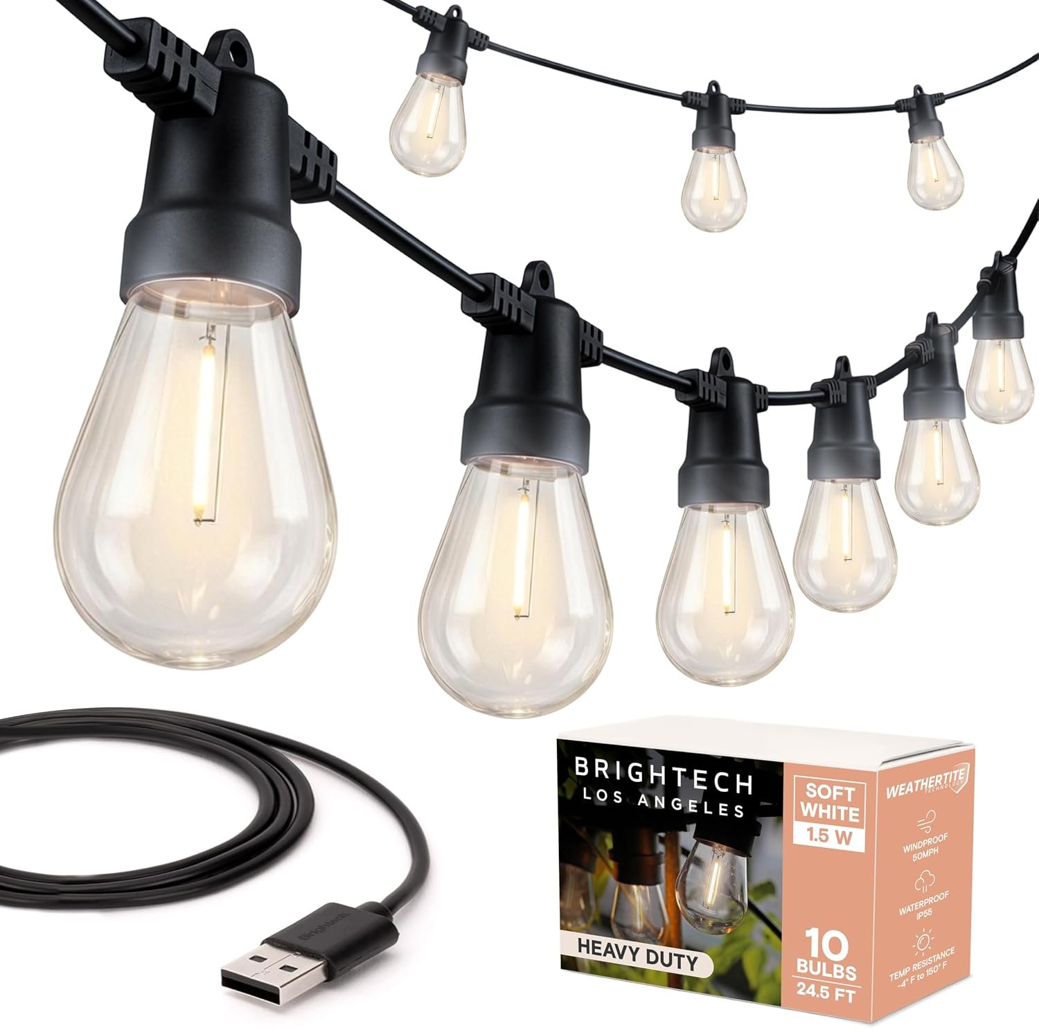 Brightech Ambience Pro USB Powered String Lights – 24 Ft Commercial Grade Waterproof String Lights, Outdoor Shatterproof Patio Lights for Camping, Christmas, Backyard, Porch – 1W LED Soft White Light