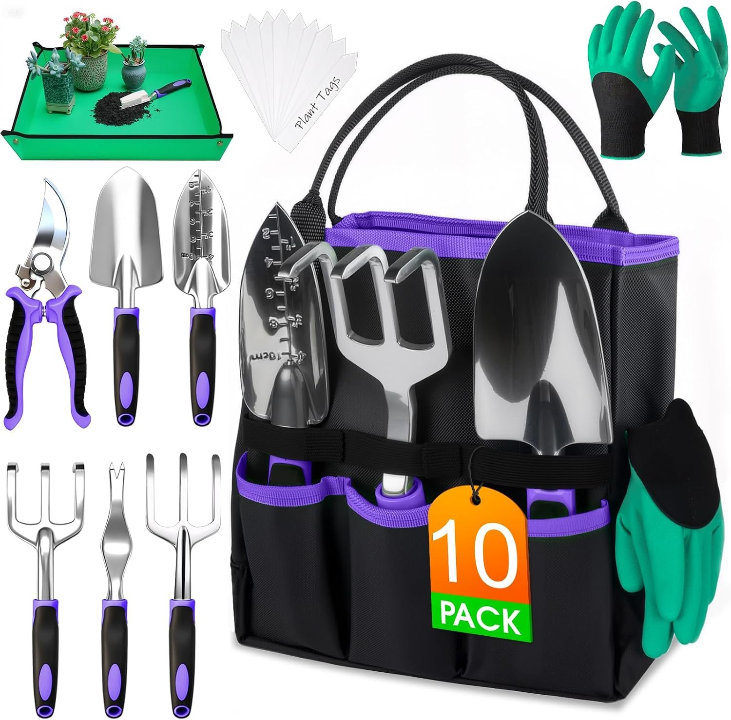 WOWBOX Garden Tools Set, 10 PCS Heavy Duty Gardening Hand Tools Kit, Purple