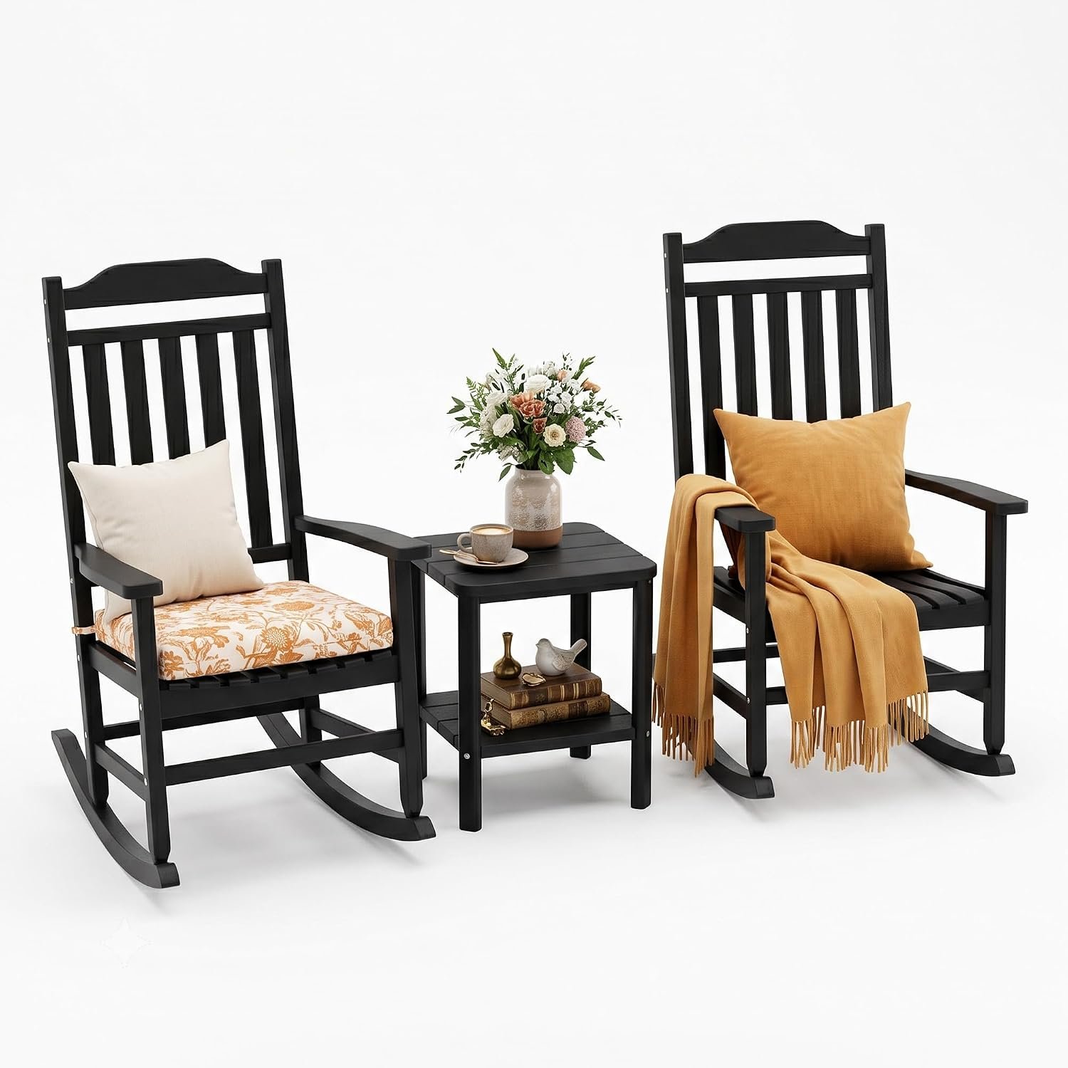 EFU Outdoor Rocking Chairs Set of 2 with Side Table, Weatherproof Furniture