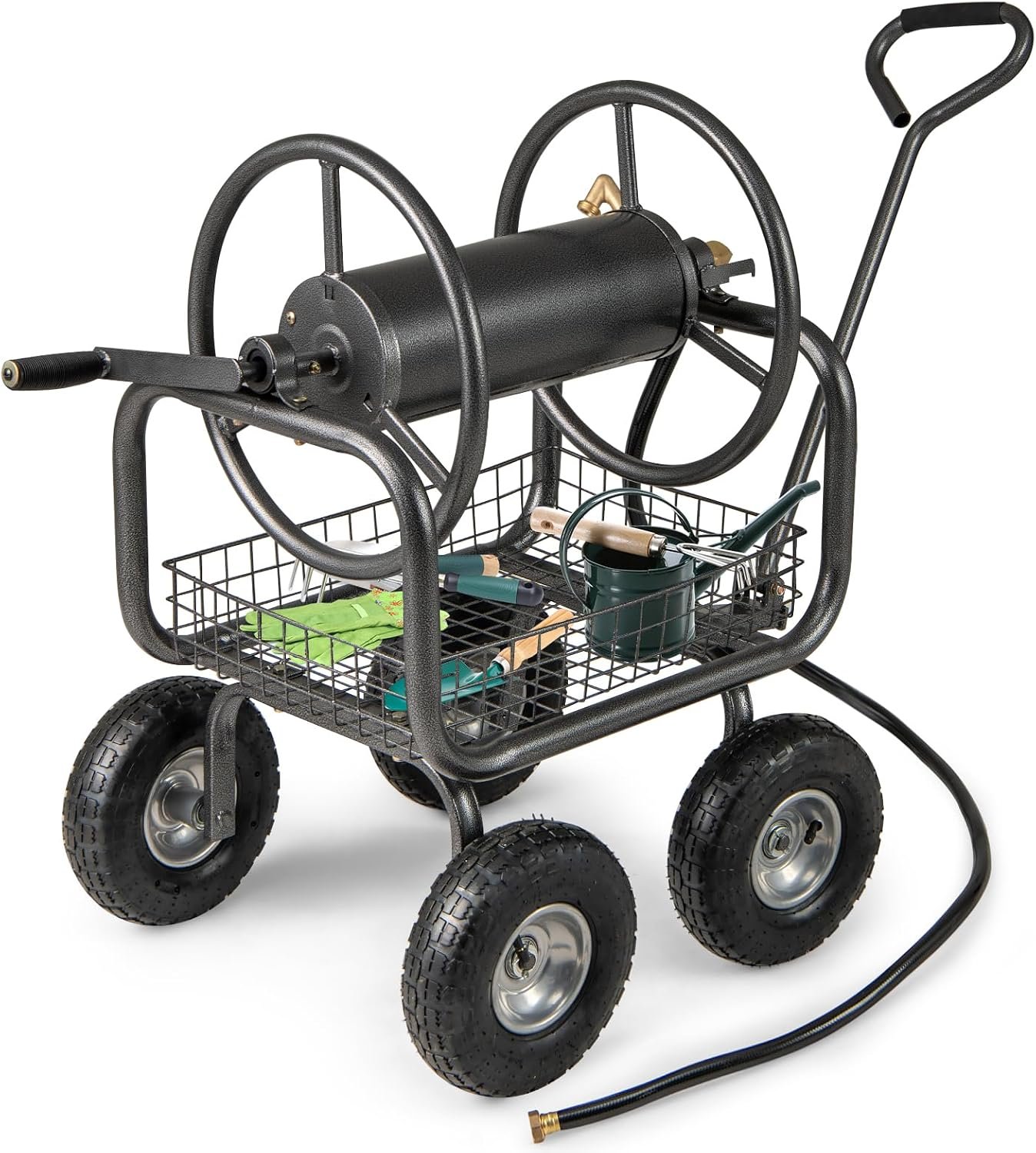 Hose Reel Cart, Hold Up to 300 ft of 5/8″ Hoses, Metal Water Hoses Carts with Storage Basket, 4 Pneumatic Tires, Handle & Grip, Garden Hose Organizer for Backyard, Lawn & Patio