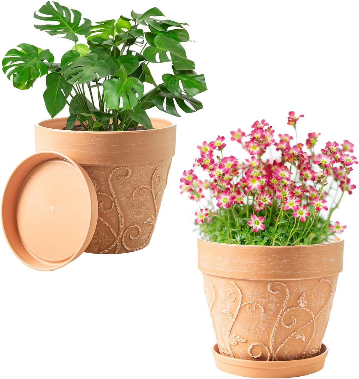 Melphoe Plant Pots Indoor with Drainage & Saucer, 2Pack 7 inch Flower Pots Outdoor Planters for Indoor Plants Garden Home Decor Cactus Succulent, Rigid Plastic (Imitation-Terracotta) Vine-Embossed