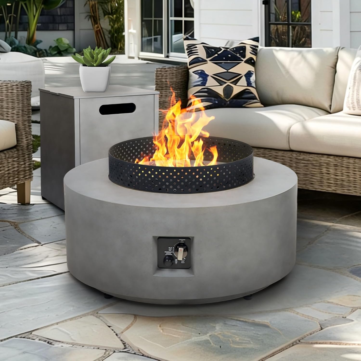 3-in-1 Propane Outdoor Fire Pit Table 65,000 BTU Gray Round Gas Firepit