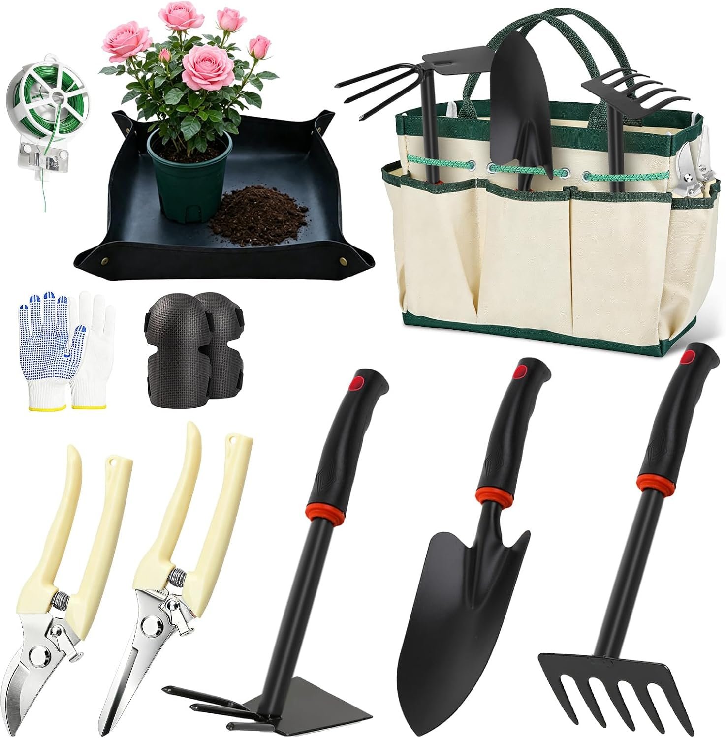 10PCS Gardening Tools Set, Heavy Duty Garden Hand Tool with Storage Bag Rust-Resistant Steel Built to Resist Bending Breaking Garden Essential Kit with Gardening Gifts for Women for Outdoor Planting