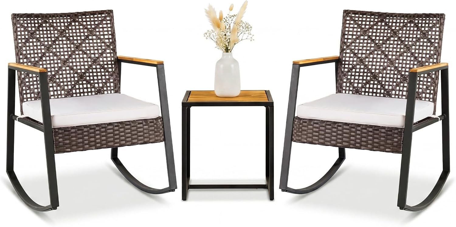 Tangkula 3 Pieces Outdoor Rocking Chairs Set, 2 Heavy Duty Patio Rattan Rocker Chairs with Table, Cushions, Metal Frame for Garden, Balcony, Backyard (Beige)
