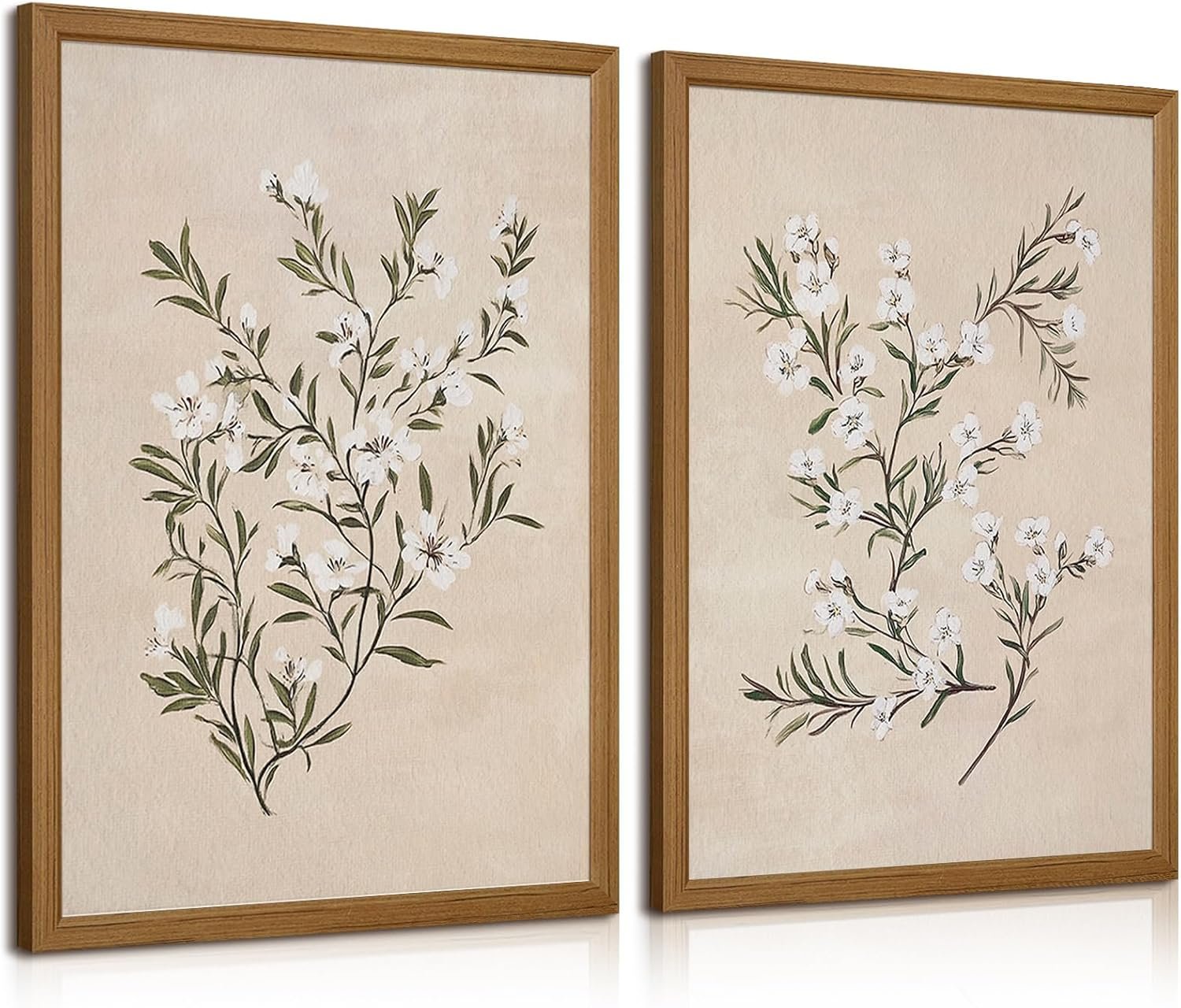 Vintage Botanical Wall Art Neutral Floral Prints Farmhouse Flower Canvas Wall Decor Watercolor Wildflower Pictures Nature Minimalist Artwork for Living Room Bedroom 12×16 Inch Wood Framed Set of 2