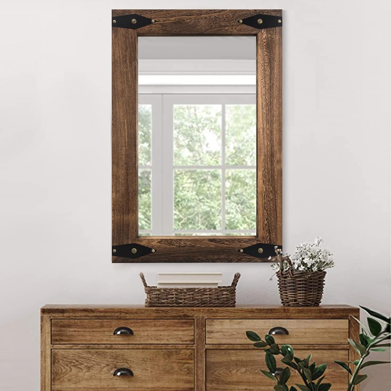 Blue Page Rustic Wood Wall Mirror 24×36 Inch Rectangle Bathroom, Arrow