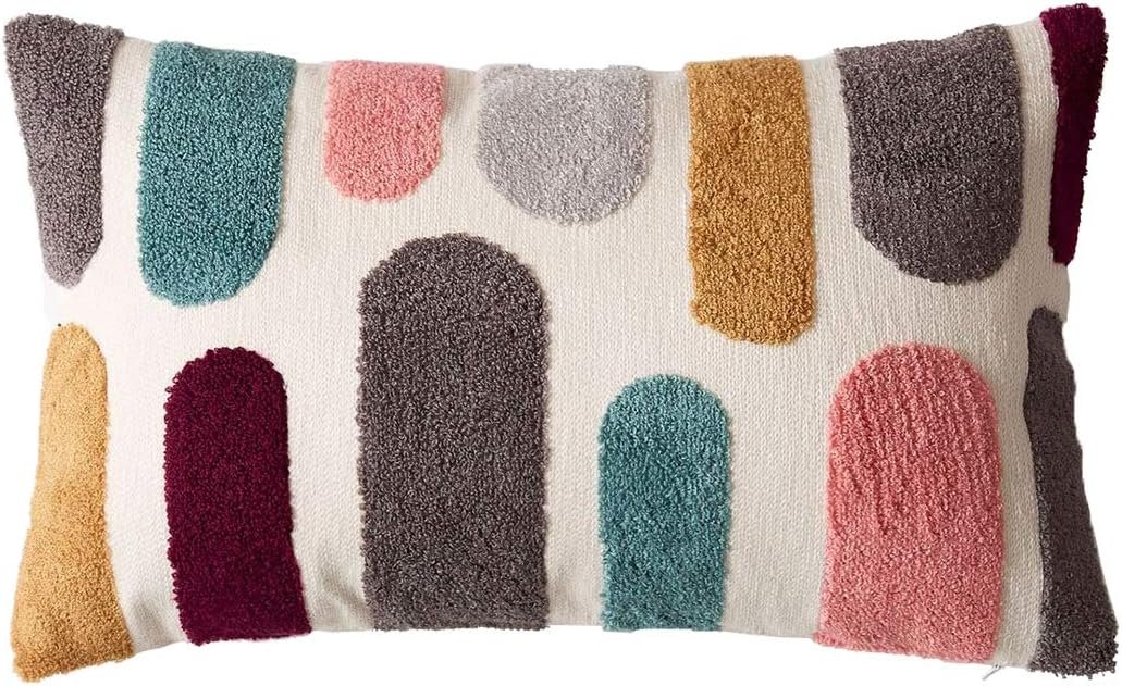 vctops Boho Geometric Tufted Lumbar Decorative Throw Pillow Cover Farmhouse Cotton Embroidery Accent Cushion Case for Couch Sofa Bed (Embroidery7, 12″x20″)