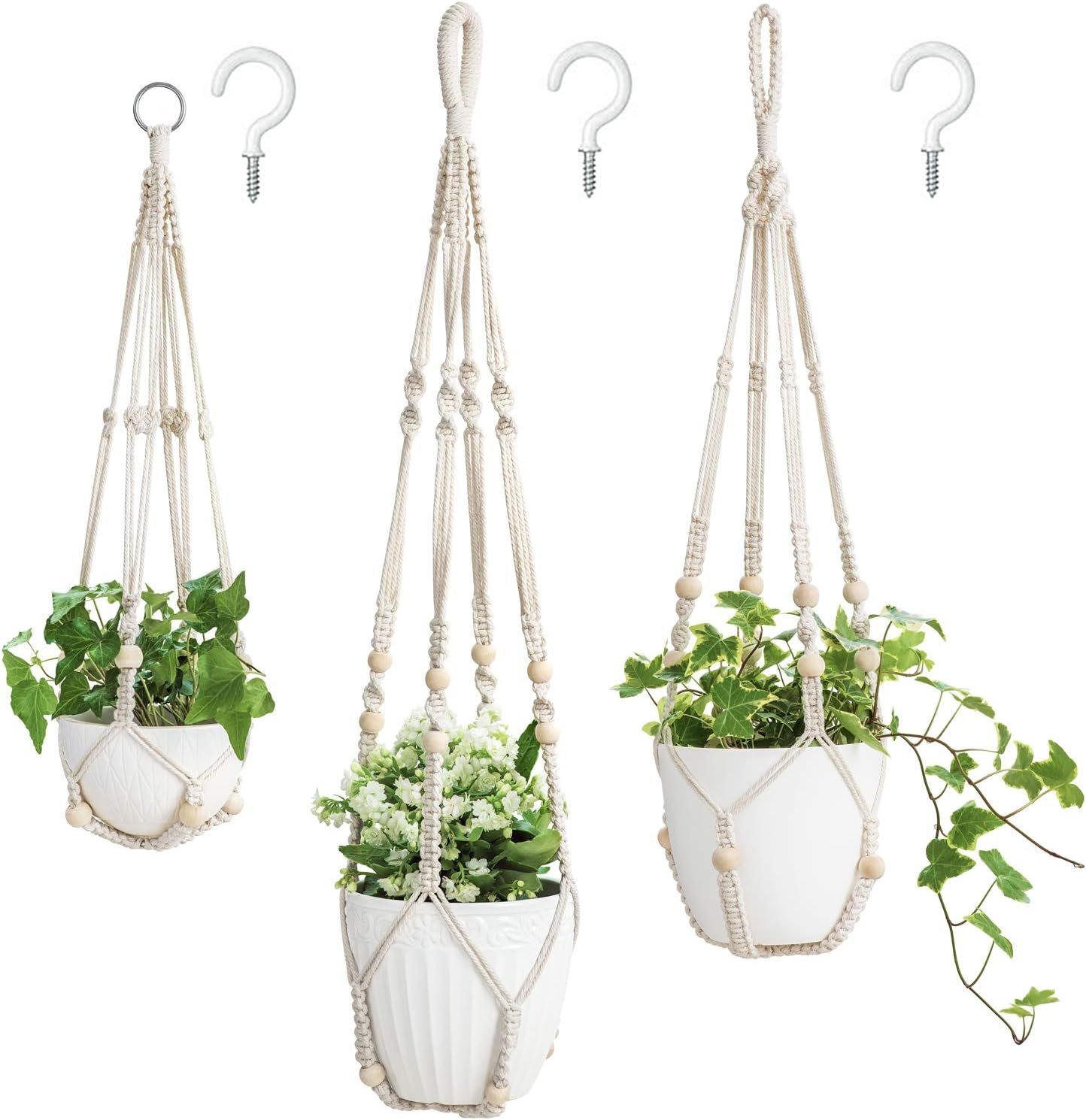Mkono 3 Pack Macrame Plant Hangers Hanging Planters for Indoor Plants Ivory