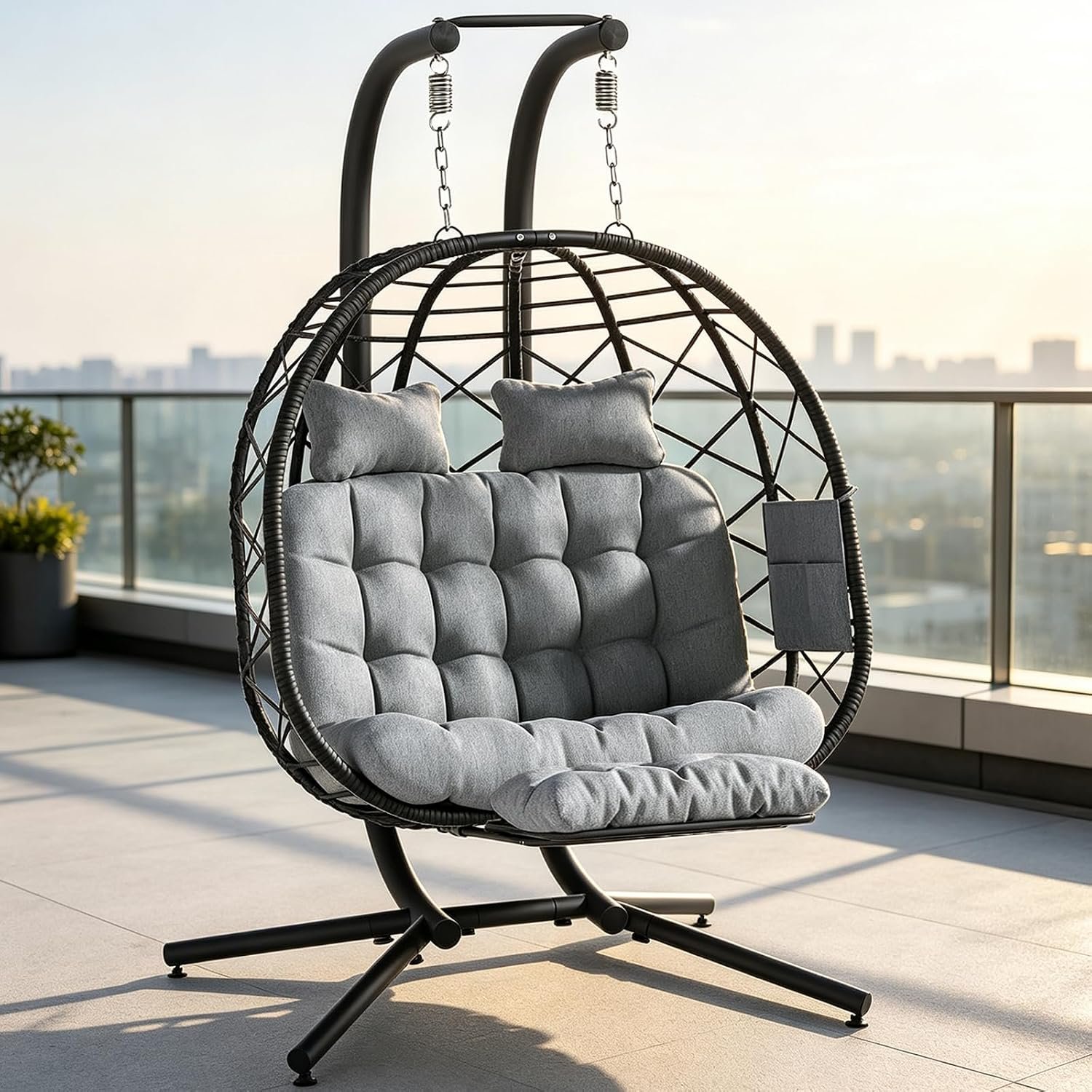Suteck Double Hanging Egg Chair with Adjustable Footrest & Stand, Grey