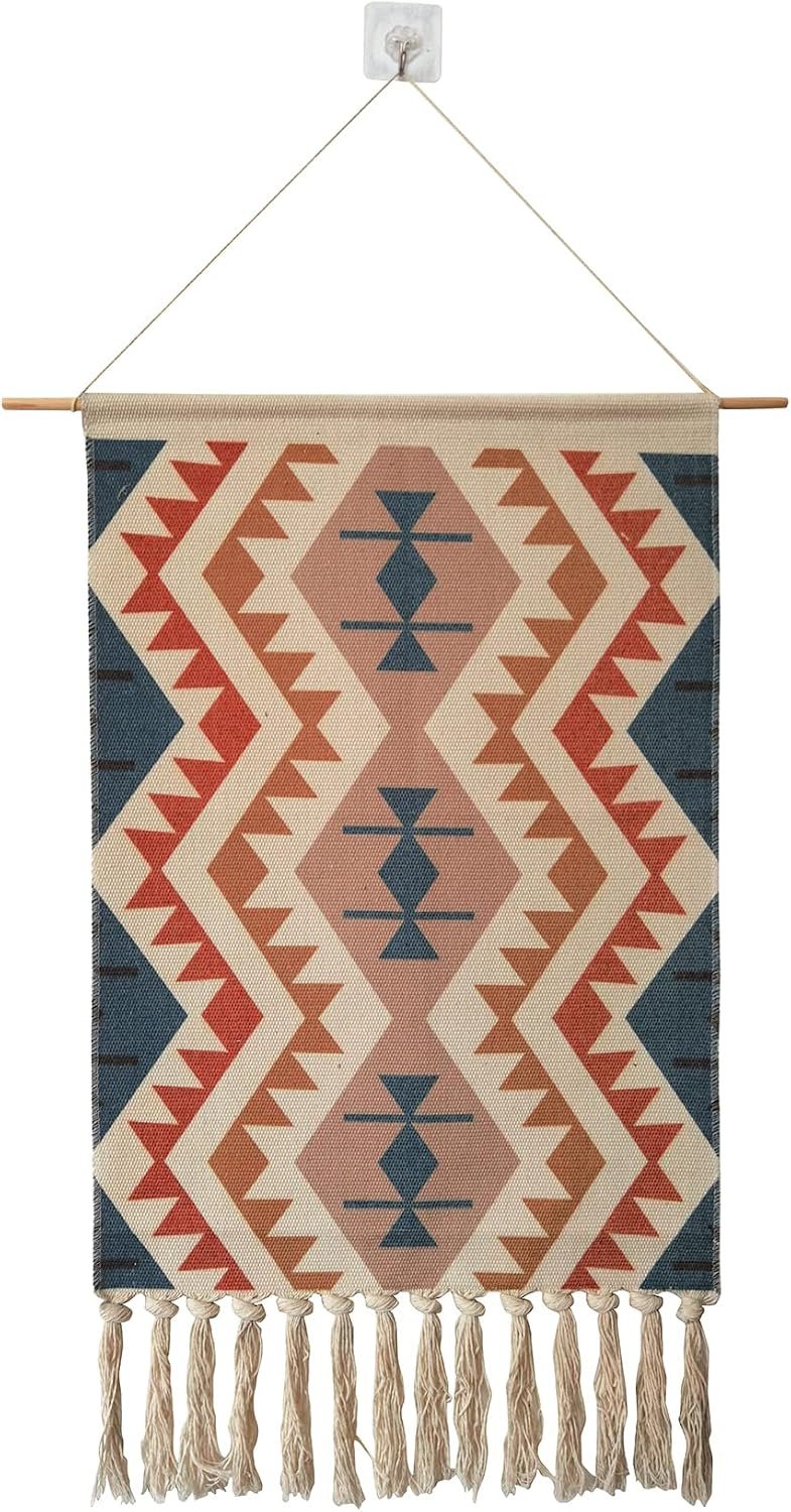 Macrame Woven Wall Tapestry Hanging Art, 20×34 Extra Large Boho Chic Bohemian Morocco Blue Orange Triangle Pyramid Geometric Tapestries Decor for Apartment Dorm Kids Living Room Bedroom Door Entrance