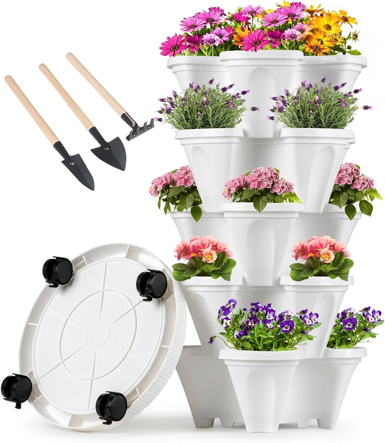 GameXcel Vertical Planter Tower – 5 Tier Stackable Garden Planters with Wheels and Tools Plant Pots for Strawberry Herb Flower and Vegetable Indoor Outdoor Use White