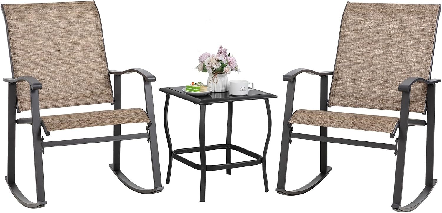 Shintenchi Rocking Chair Outdoor with Table, 3 Piece Rocking Patio Bistro Set, Outdoor Furniture Set with Metal Frame and Textilene Fabric for Small Space, Brown