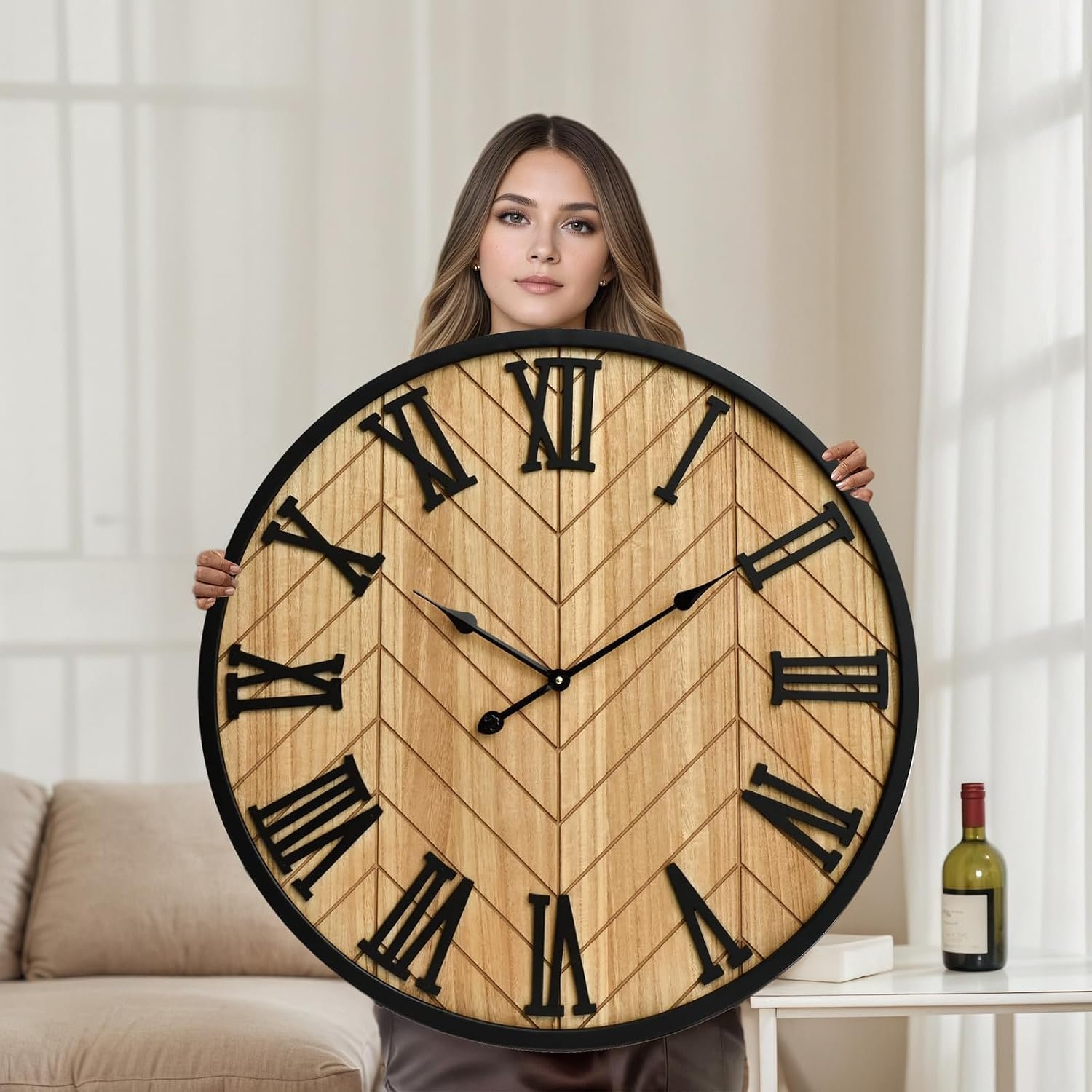 EMAX HOME 30 Inch Large Wall Clock Farmhouse Style – Brown Silent Non-Ticking Rustic Decor for Living Room, Kitchen, Bedroom