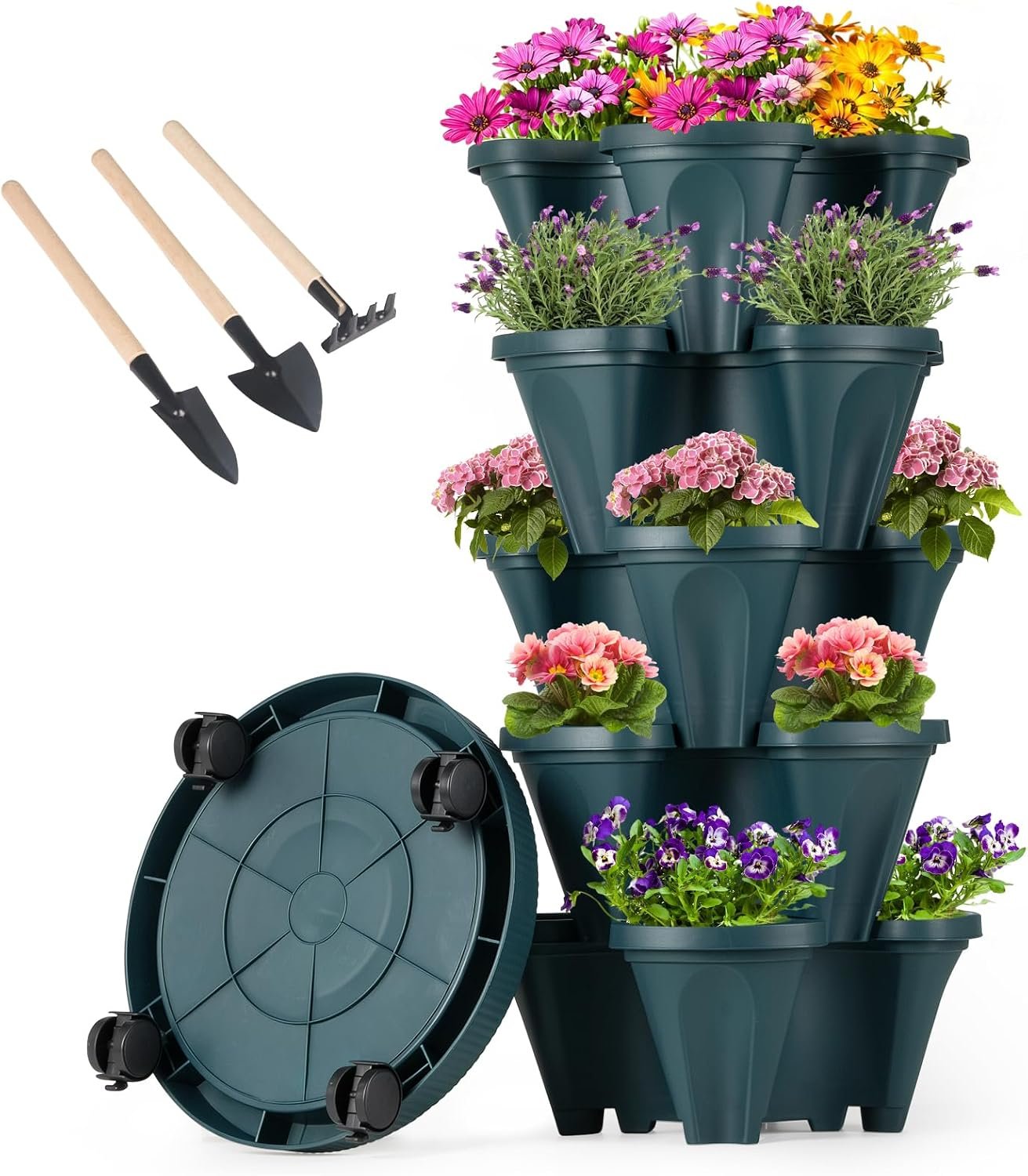 GameXcel Vertical Planter Tower – 5 Tier Stackable Garden Planters with Wheels and Tools Plant Pots for Strawberry Herb Flower and Vegetable Indoor Outdoor Use Green