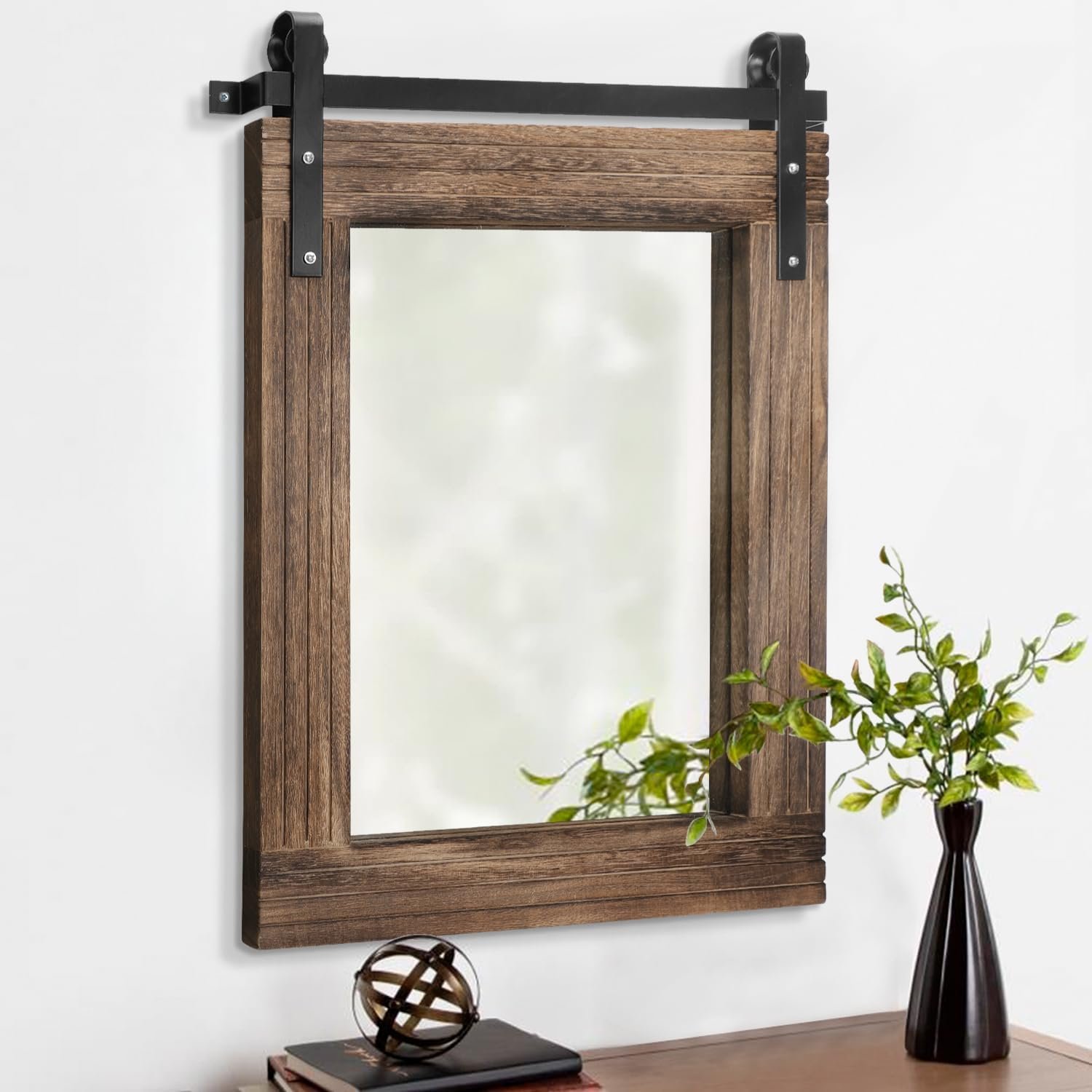 AAZZKANG Rustic Wood Mirror Rectangle Decorative Wall Mirror Large 26″x18″ with Frame Bedroom Living Room Bathroom Hanging Mirror