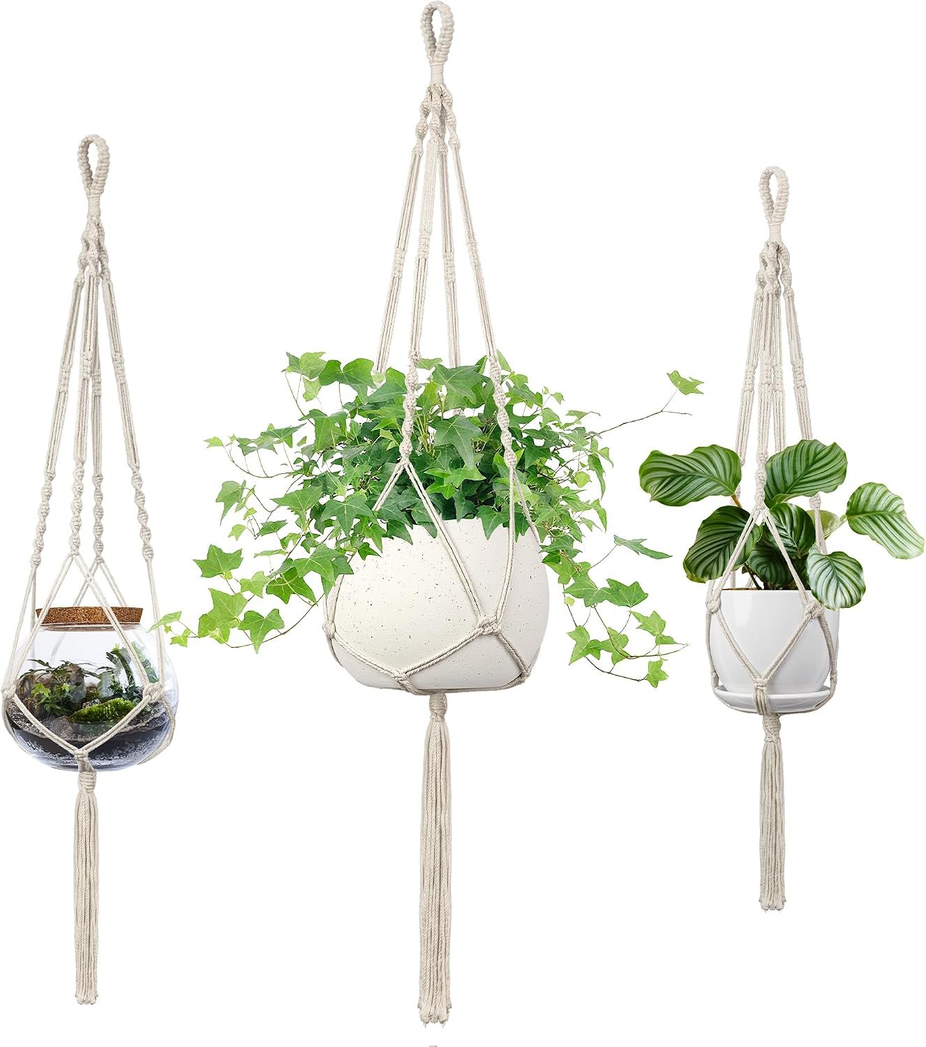 Macrame Plant Hanger – Fits 4-13 Inch Pots, 3-Pack, Ivory