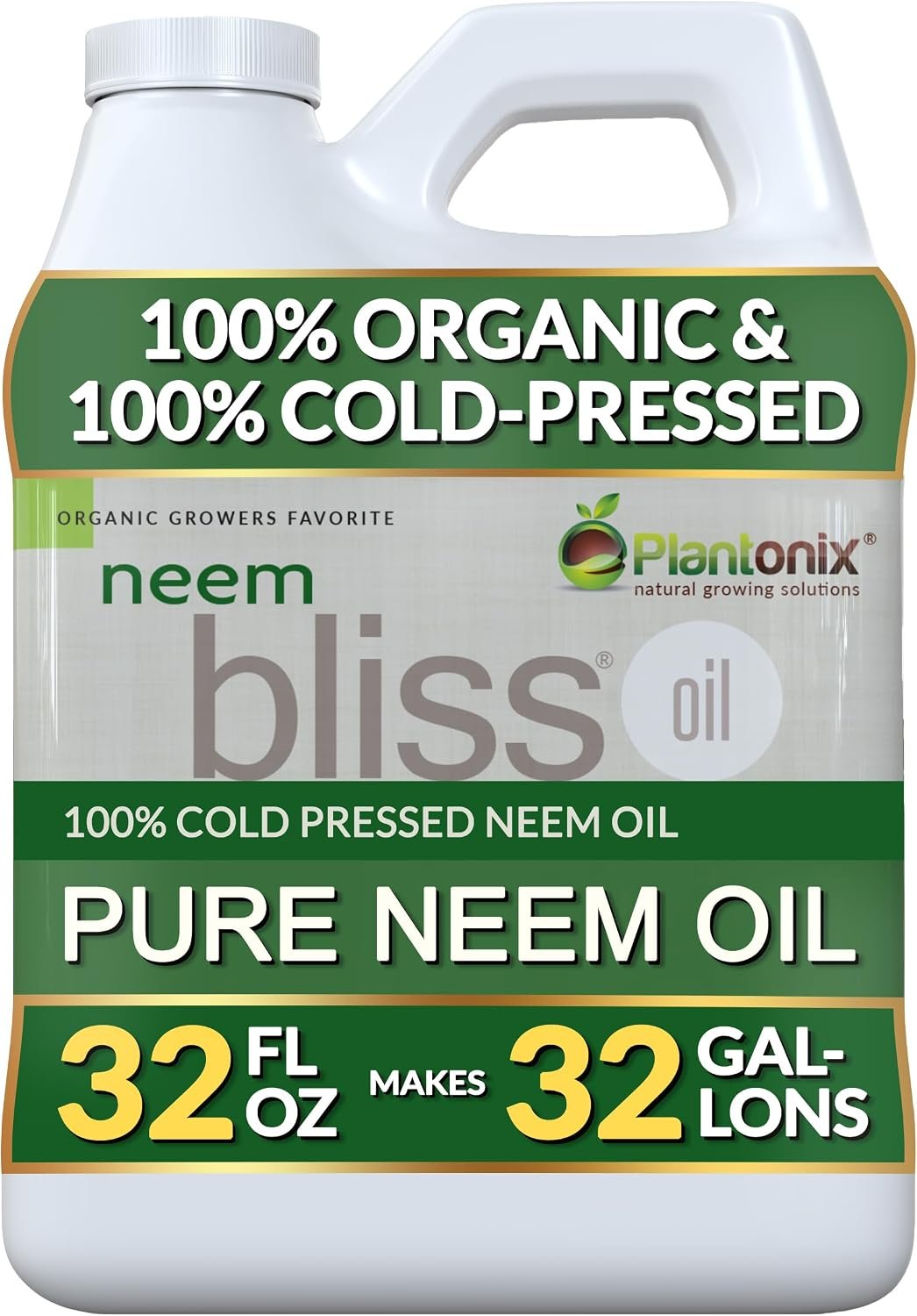 plantonix Neem Bliss (32 Fl Oz) – 100% Cold Pressed Neem Oil Concentrate – Pure, Unrefined, and Organic Neem Oil for Skin Care, Hair Care, and Scalp – Moisturizing Beauty Essentials