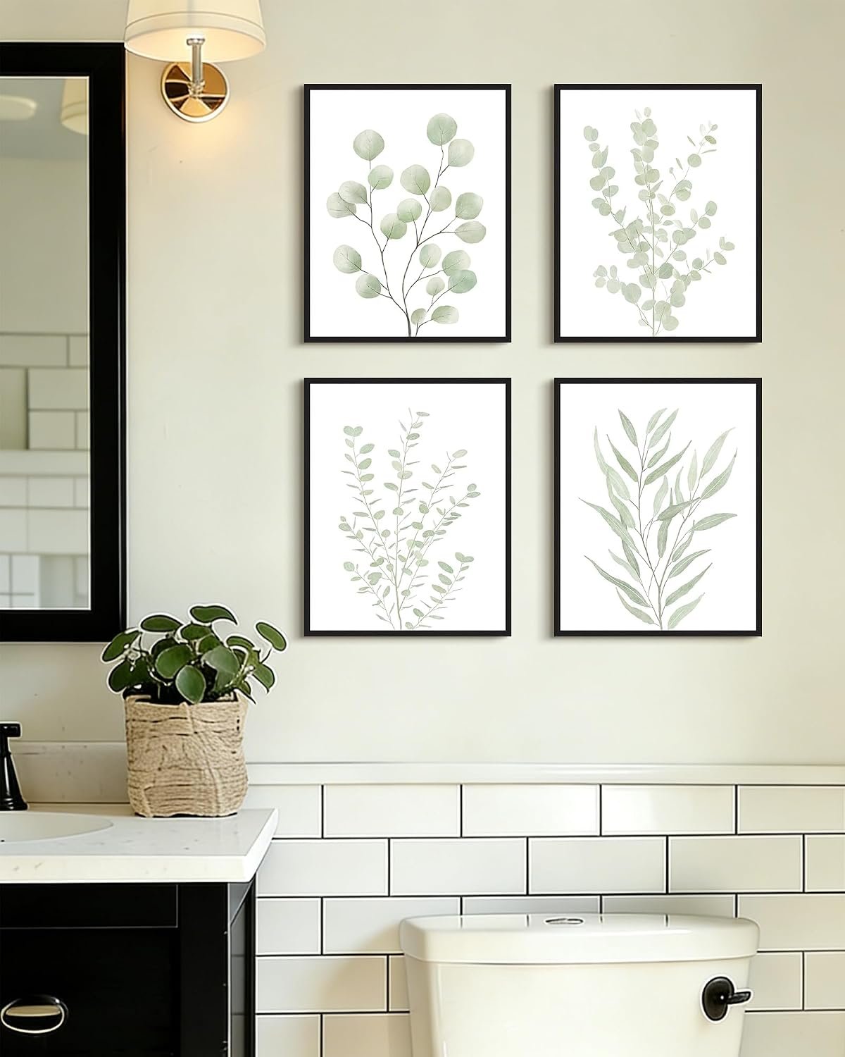 Drsoum Botanical Plant Framed Wall Art Boho Wall Decor for Bathroom Sage Green Eucalyptus Leaf Prints Minimalist Aesthetic Ready to Hang Set of 4, 8×10 in (Black Framed)
