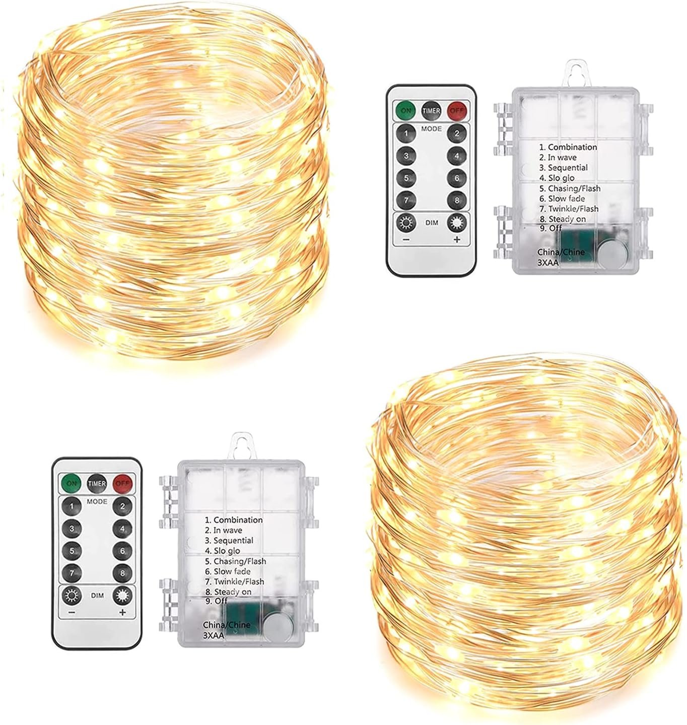 2 Pack Total 200 LED Fairy Lights Battery Operated String Lights with Remote & 8 Modes, 33FT Waterproof Copper Wire Battery Powered Twinkle Lights for Outdoor Christmas Parties Decoration Warm White