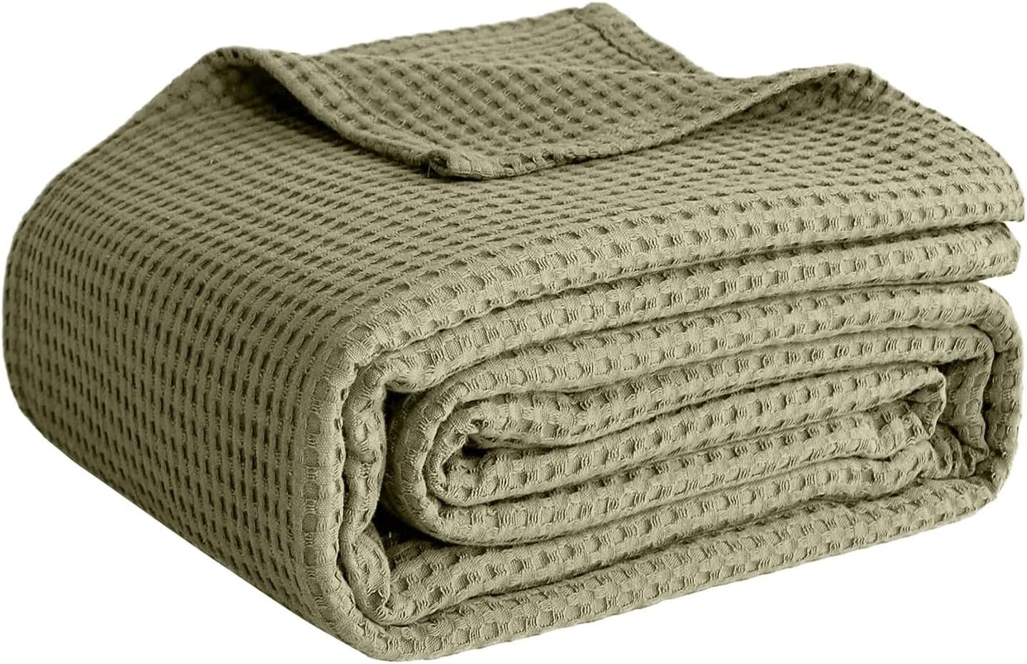 100% Cotton Blankets for Bed – Waffle Weave Blankets for Summer, Lightweight and Breathable Soft Woven Blanket for Spring (Olive Green, Throw (50″ x 60″))