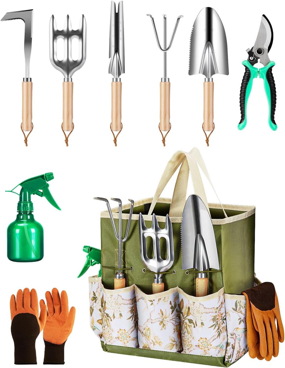 9-Piece Premium Gardening Tool Set for Women – Heavy Duty Stainless Steel Rust-Proof Tools with Fashion Storage Tote | Perfect Gardening Gifts for Mom, Mother’s Day, Birthday & Outdoor (Green)