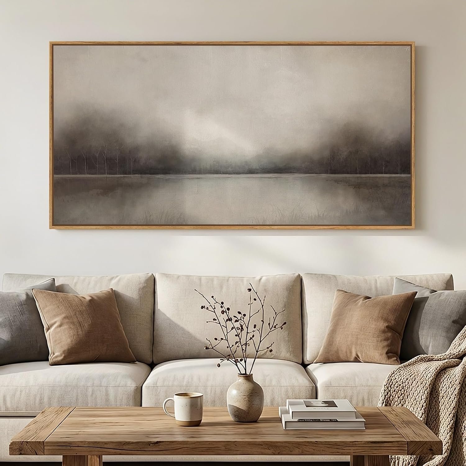 Large Framed Neutal Abstract Landscape Wall Art for Living Room, 60×30 In