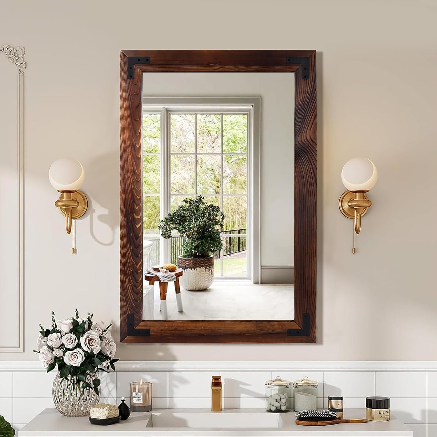 36″×24″ Rustic Wood Frame Mirror for Wall, Bathroom Wooden Vanity Mirror