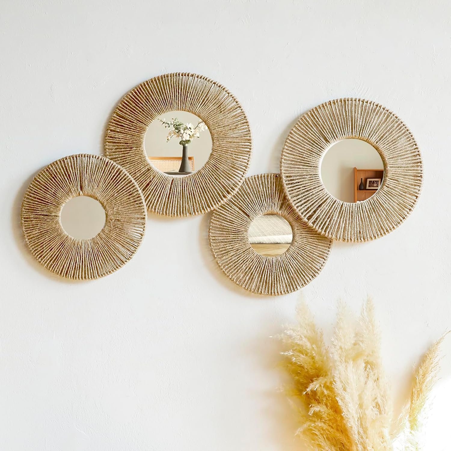 Artilady Hanging Baskets Wall Art with Mirror, 4Pcs Boho Coastal Wall Decor