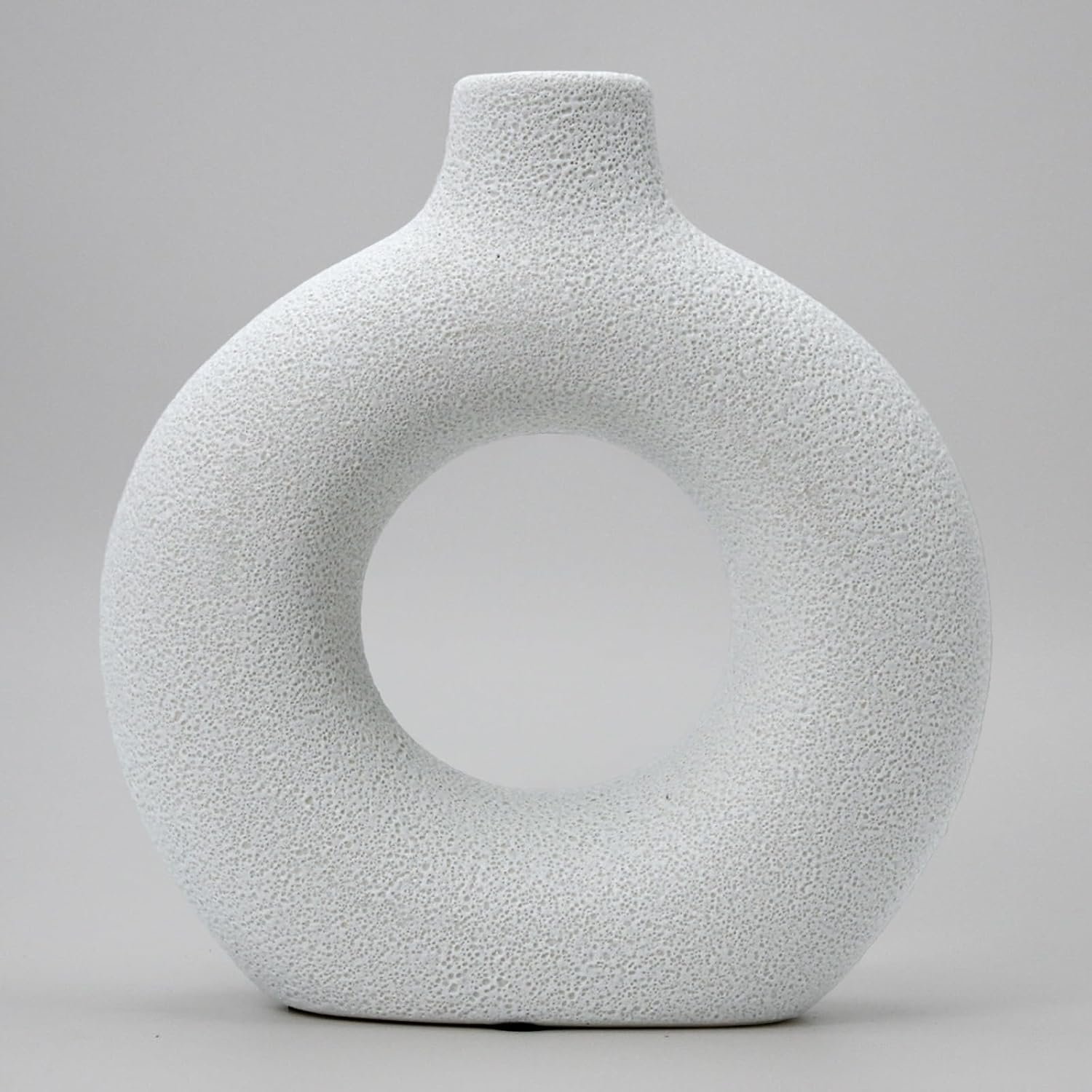 White Donut Ceramic Vase, Hollow Ring Vase for Dried Flowers, Modern Minimalist Sculptural Centerpiece for Table, Shelf, and Farmhouse Decor, Handmade Textured Vase for Pampas Grass & Eucalyptus