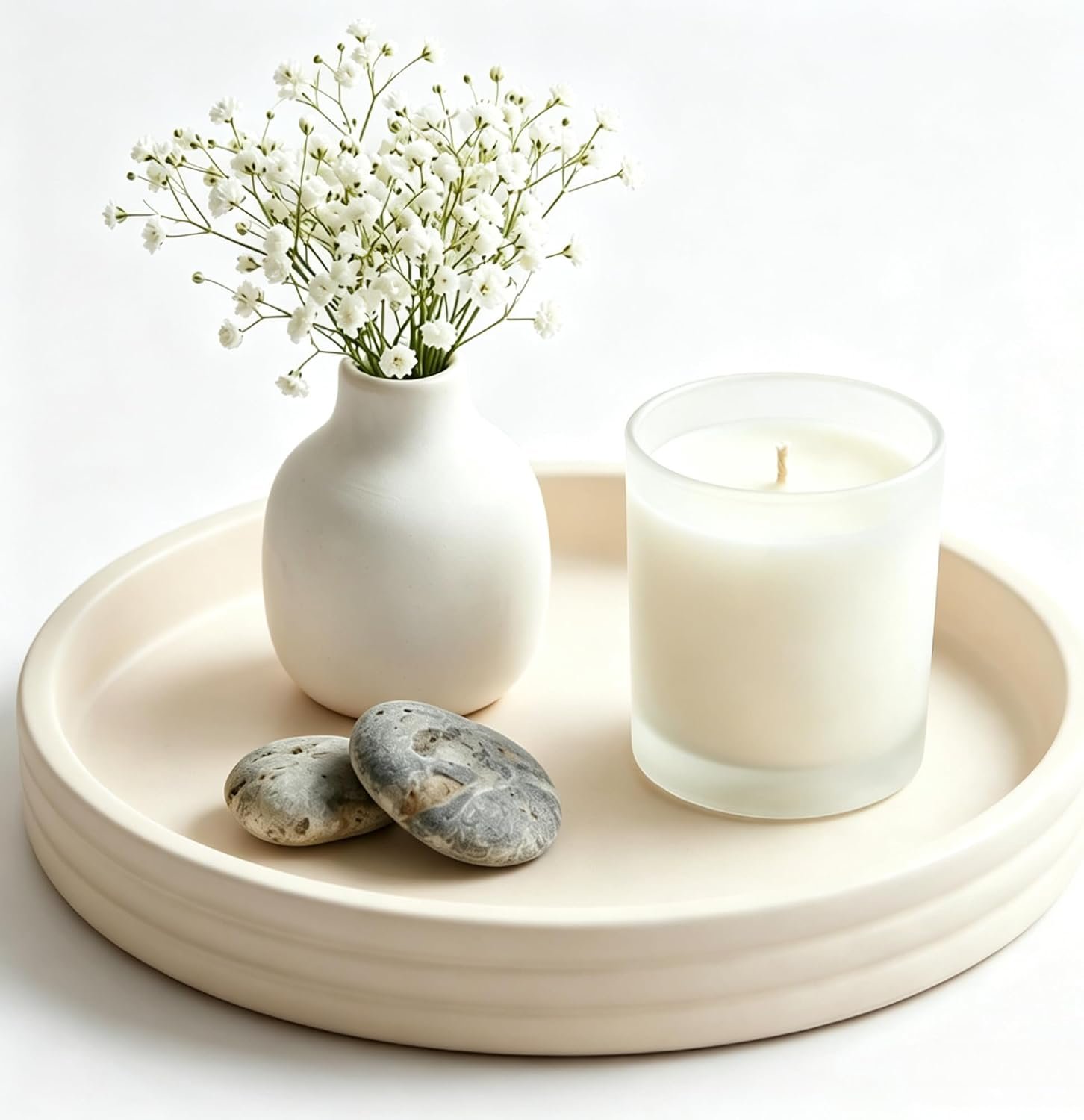 11in Cream Round Resin Coffee Table Tray,Decorative Tray