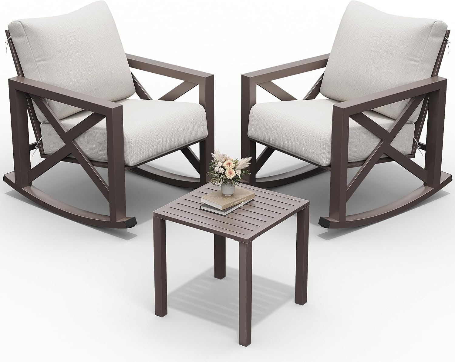 UDPATIO Rocking Chair Outdoor Oversized Metal Bistro Set 6.5″ Cushion Beige