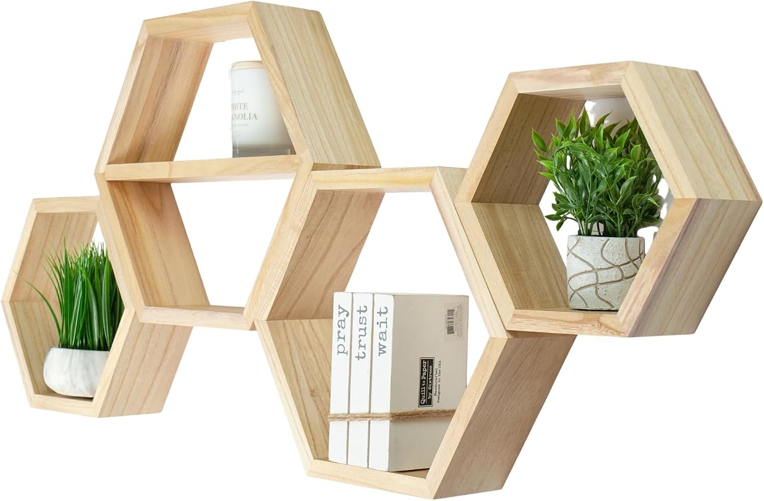 LABEND HOME Hexagon Floating Shelves Set of 4 – Solid Wood Wall Mounted Shelves – Honeycomb Geometric Display Shelves for Living Room, Bedroom, Kitchen – Natural Wood Finish -Includes Hardware & Level