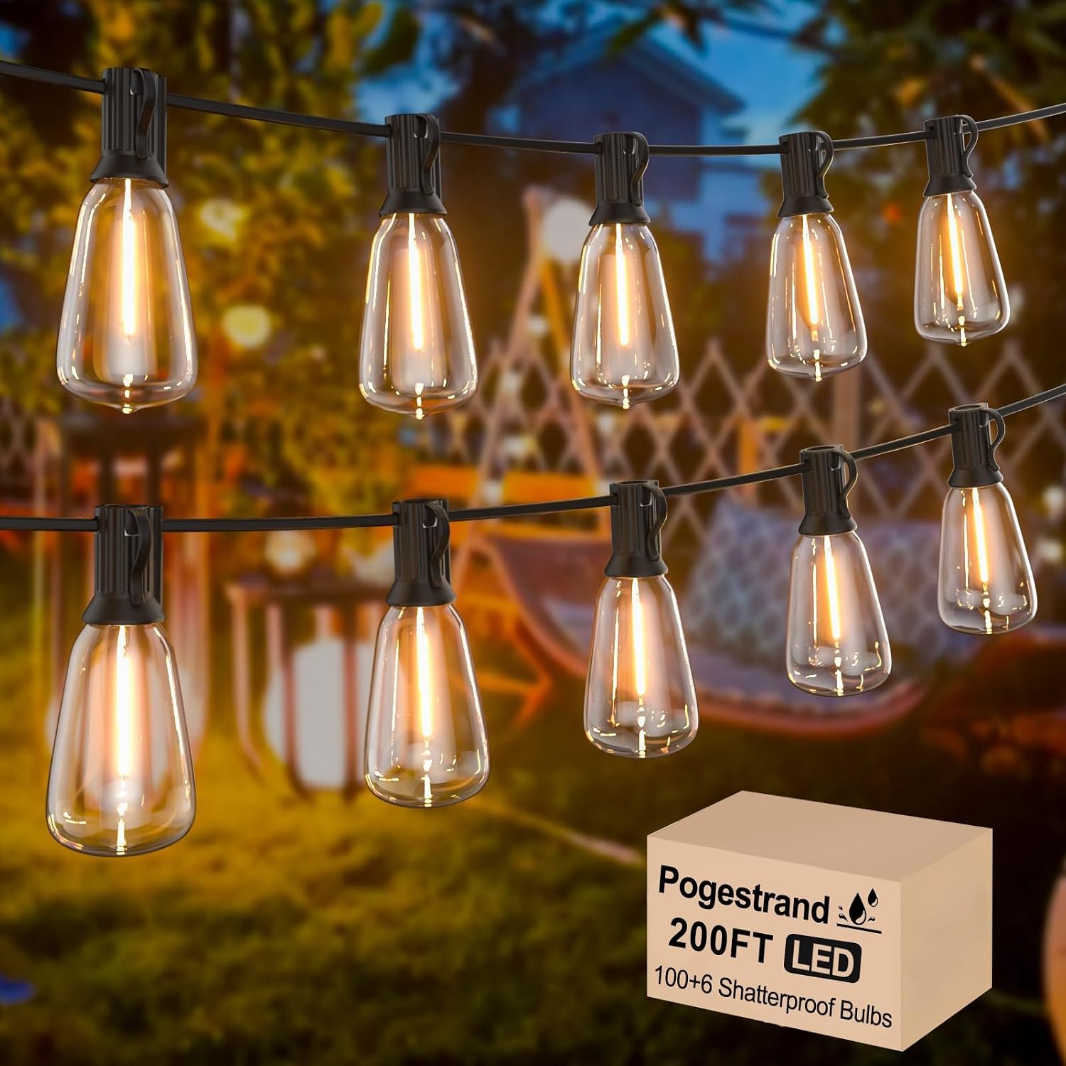 200FT ST38 Outdoor String Lights with 100 1W Plastic Shatterproof Bulbs