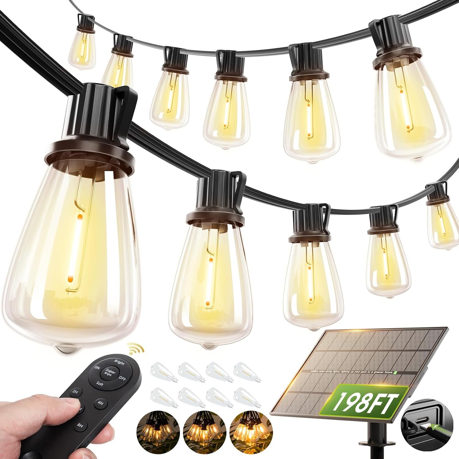 addlon 198FT Solar String Lights Outdoor, with 104 Dimmable LED Bulbs
