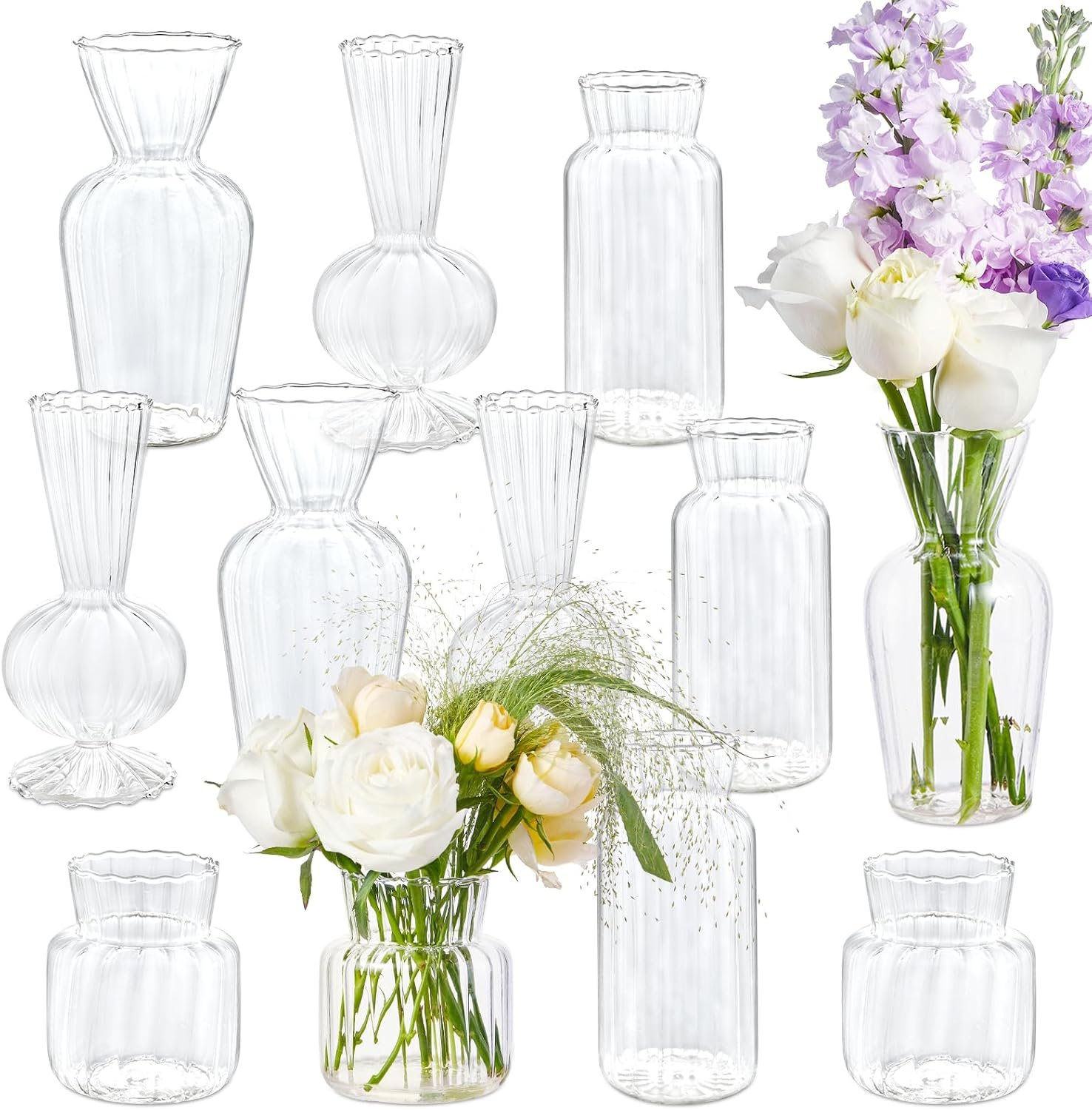 12 Pcs Ribbed Glass Bud Vases Set, 4 Styles Clear Small Flower Vases