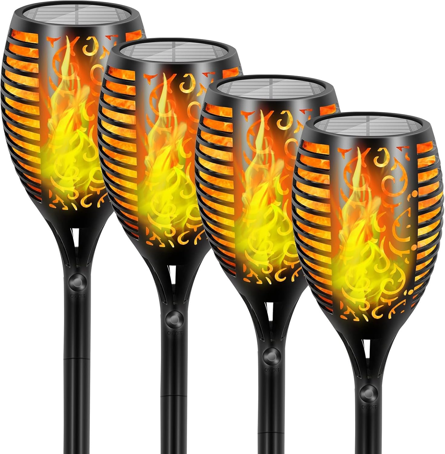 4 Pack Solar Lights Outdoor Larger 96 LED Solar Tiki Torches with Flickering Flame Upgraded Taller 43″ Outdoor Lights Waterproof for Garden Patio Yard Pathway Outside Halloween Decorations