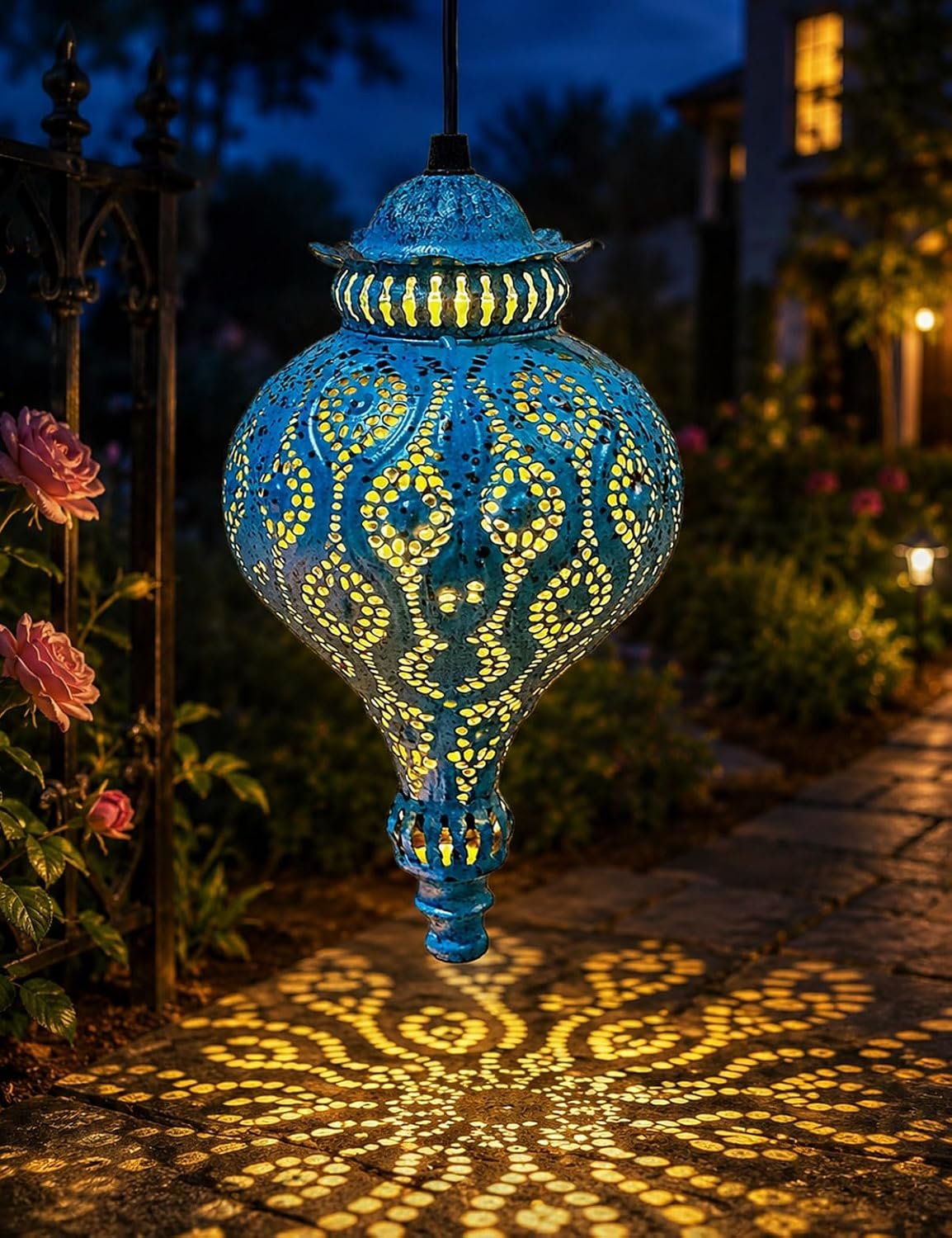 Moroccan Solar Lanterns Outdoor Hanging Garden Decor (2 Pack, Blue)