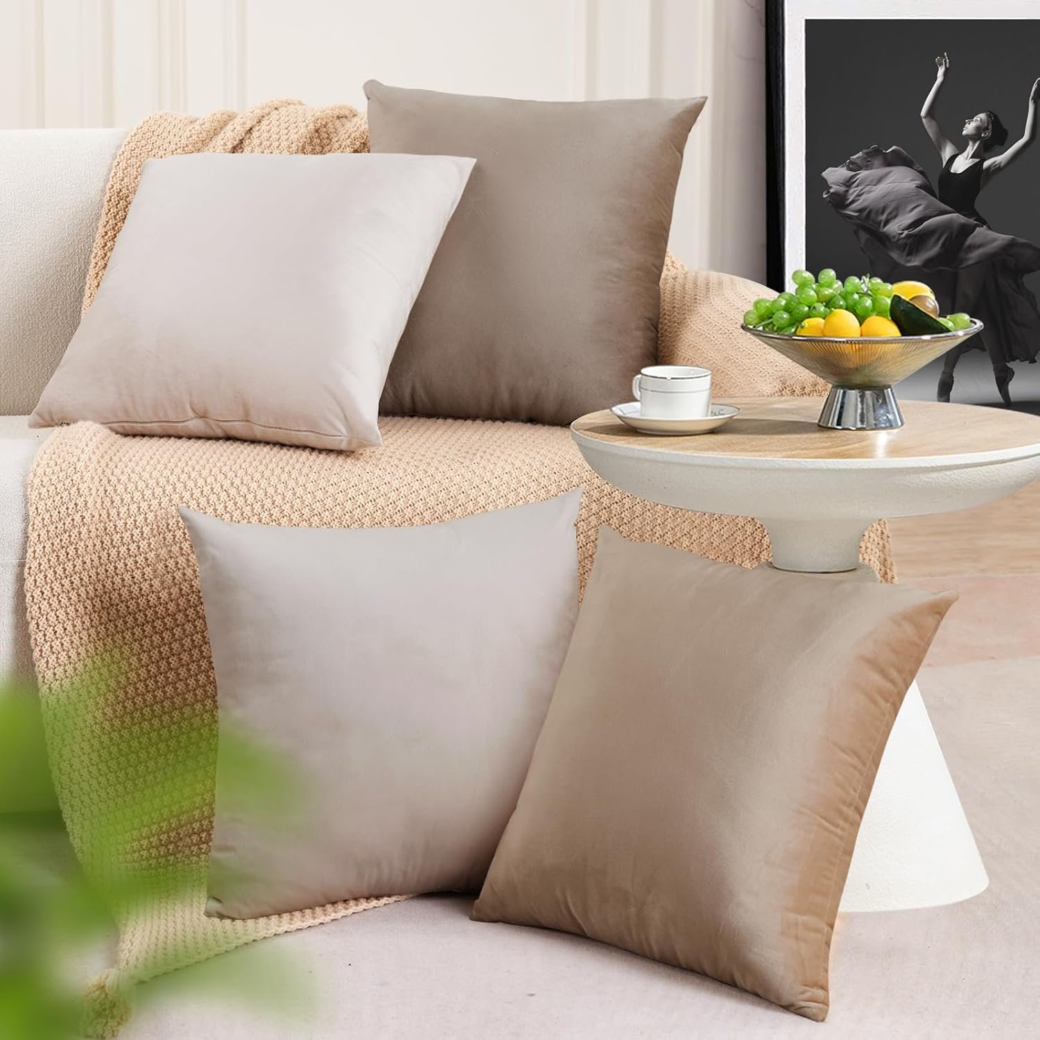 Throw Pillow Covers 18×18 Set of 4 – Couch Covers for Living Room Decorative Velvet Neutral Cream Soft Sofa Covers for Bed (Beige)
