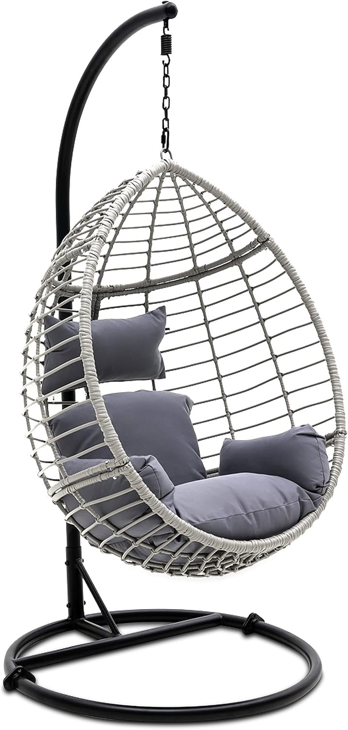 SereneLife Hanging Egg Chair with Stand – Indoor Outdoor Patio Wicker Rattan Lounge Chair with Stand, Steel Frame, UV Resistant Washable Cushions for Garden Backyard Deck Sunroom SLGZ0EGG (Gray)
