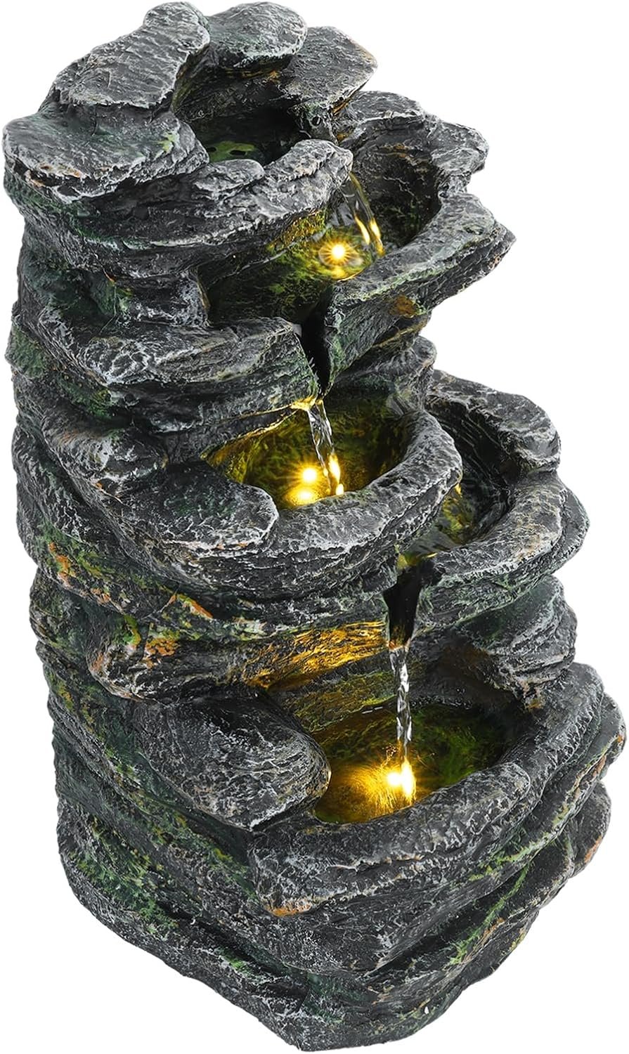 6-Tier Cascading Rock Water Fountain Outdoor Garden Waterfall Decor for Garden, Garden Waterfall Decor with LED Warm Light for Patio, Backyard, Porch and Home Art Decor Grey