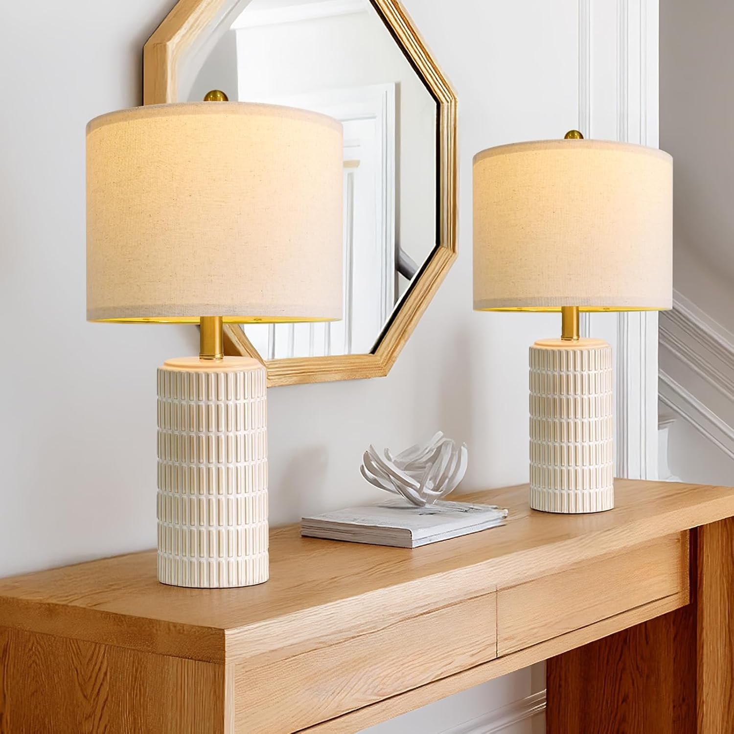 PoKat 20.75″ Small Modern Ceramic Table Lamps Set of 2 for Bedroom, White