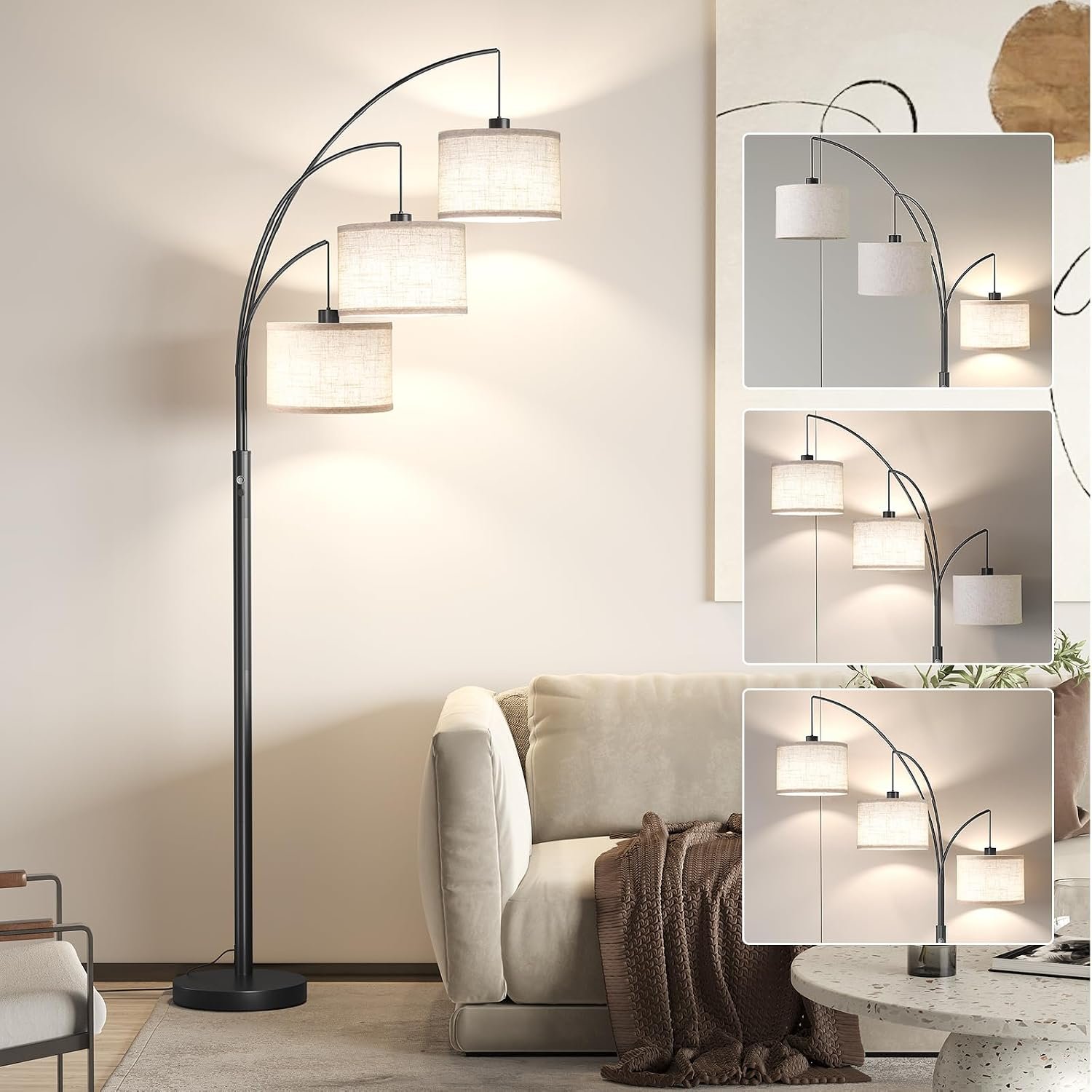 SUNMORY 3 Lights Floor Lamp for Living Room, 78″ Tall Standing Lamp with Hanging Drum Shade, Modern Arc Floor Lamps with Heavy Base, Mid Century Arched Tree Floor Lamp for Bedroom, Office, Corner