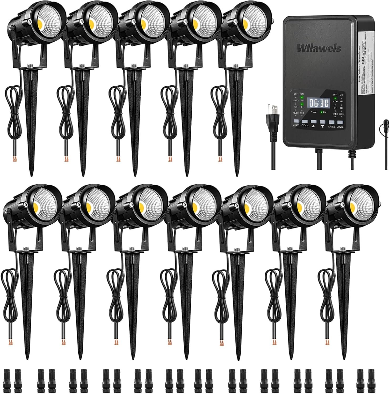 12 Pack Landscape Lights with 2 Zone 300W Low Voltage Transformer, 3000K 12V LED Landscape Lighting Kit, Waterproof Aluminum Landscape Spotlights with Connectors for Yard Tree Garden W01LK06
