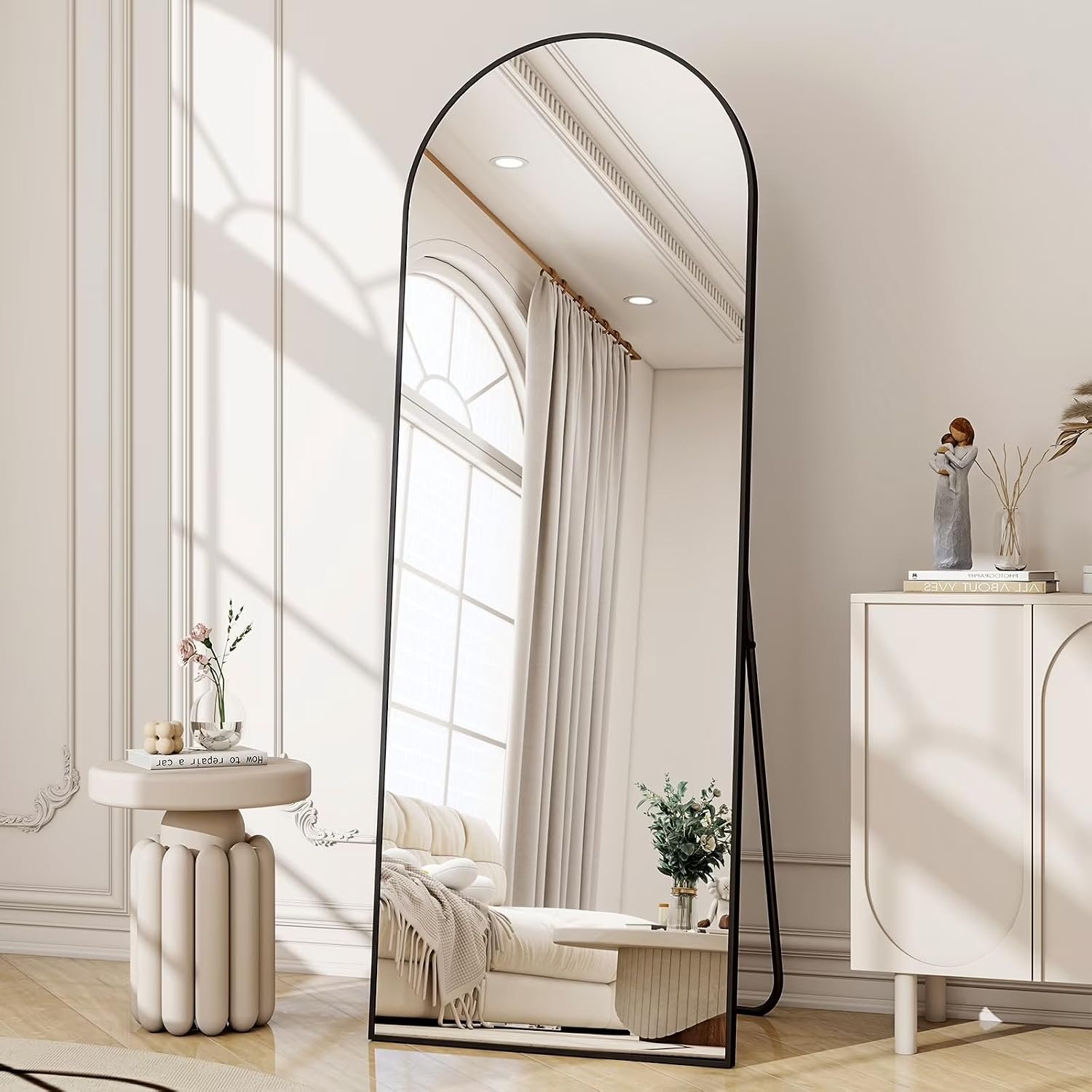 Arched Full Length Floor Mirror with Black Aluminum Frame, 59x16in