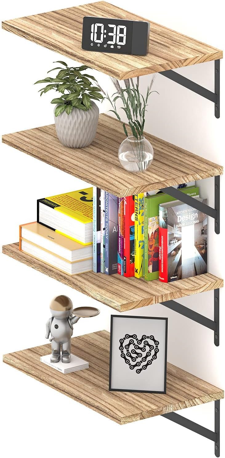 Deep Floating Shelves 10″ D x 16.5″ W Set of 4, Rustic Wood Wall Bookshelves for Living Room, Kitchen, Laundry Room, Bathroom, Bedroom, Books, Plants, and More (Natural Burned Finish)